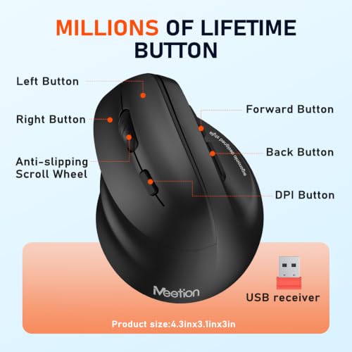 MEETION Ergonomic Mouse, Wireless Vertical Mouse RGB Backlit Rechargeable Mice for Bluetooth(5.2 + 3.0) & USB-A with Type-c Adapter 4 Adjustable DPI Compatible Mac/Windows/Andriod/PC/Tablet/iPad