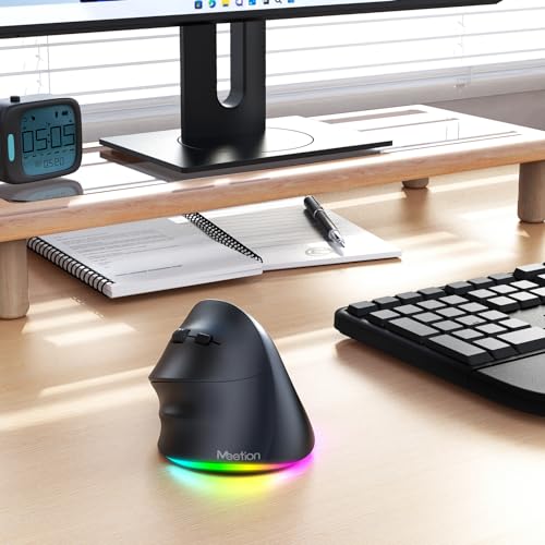 MEETION Ergonomic Mouse, Wireless Vertical Mouse RGB Backlit Rechargeable Mice for Bluetooth(5.2 + 3.0) & USB-A with Type-c Adapter 4 Adjustable DPI Compatible Mac/Windows/Andriod/PC/Tablet/iPad