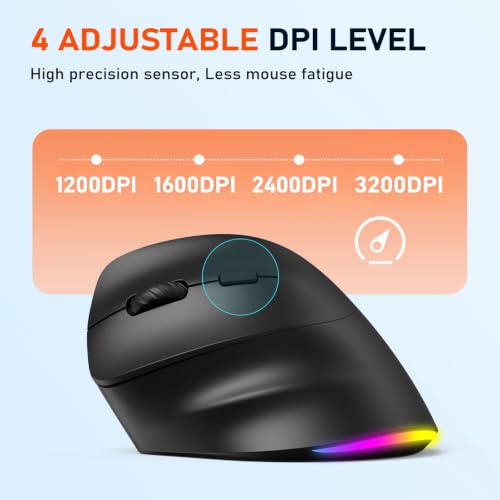 MEETION Ergonomic Mouse, Wireless Vertical Mouse RGB Backlit Rechargeable Mice for Bluetooth(5.2 + 3.0) & USB-A with Type-c Adapter 4 Adjustable DPI Compatible Mac/Windows/Andriod/PC/Tablet/iPad