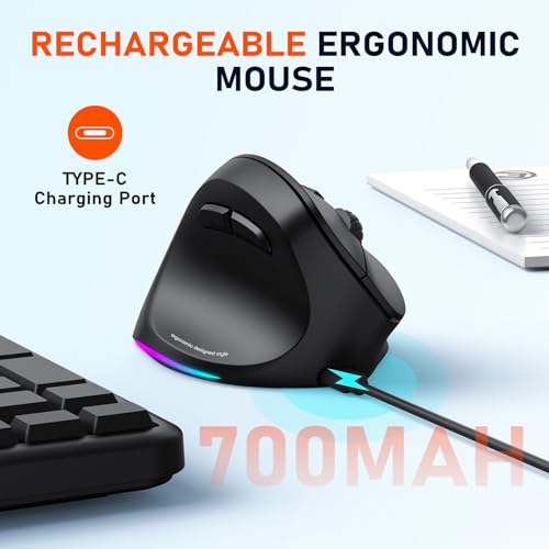 MEETION Ergonomic Mouse, Wireless Vertical Mouse RGB Backlit Rechargeable Mice for Bluetooth(5.2 + 3.0) & USB-A with Type-c Adapter 4 Adjustable DPI Compatible Mac/Windows/Andriod/PC/Tablet/iPad