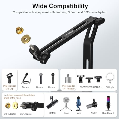 Aokeo Mic Stand,Desk Mount Desktop Microphone Arm with 3/8" to 5/8" Adapter,Compatible Blue Yeti,HyperX QuadCast,SoloCast,Shure SM7B,MV7X