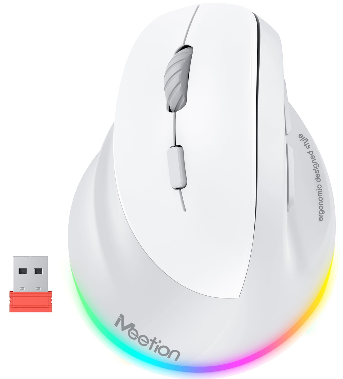 MEETION Ergonomic Mouse, Wireless Vertical Mouse RGB Backlit Rechargeable Mice for Bluetooth(5.2 + 3.0) & USB-A with Type-c Adapter 4 Adjustable DPI Compatible Mac/Windows/Andriod/PC/Tablet/iPad