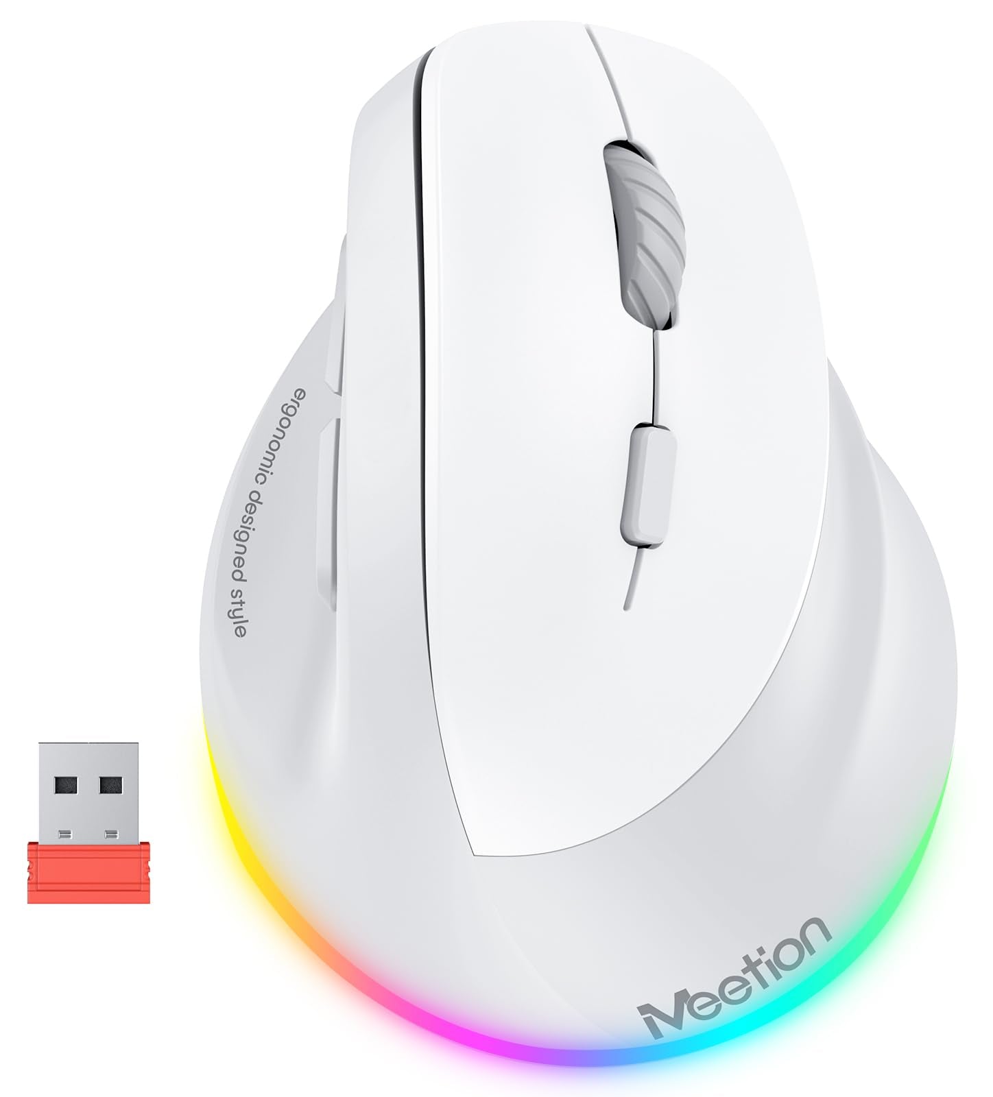 MEETION Ergonomic Mouse, Wireless Vertical Mouse RGB Backlit Rechargeable Mice for Bluetooth(5.2 + 3.0) & USB-A with Type-c Adapter 4 Adjustable DPI Compatible Mac/Windows/Andriod/PC/Tablet/iPad
