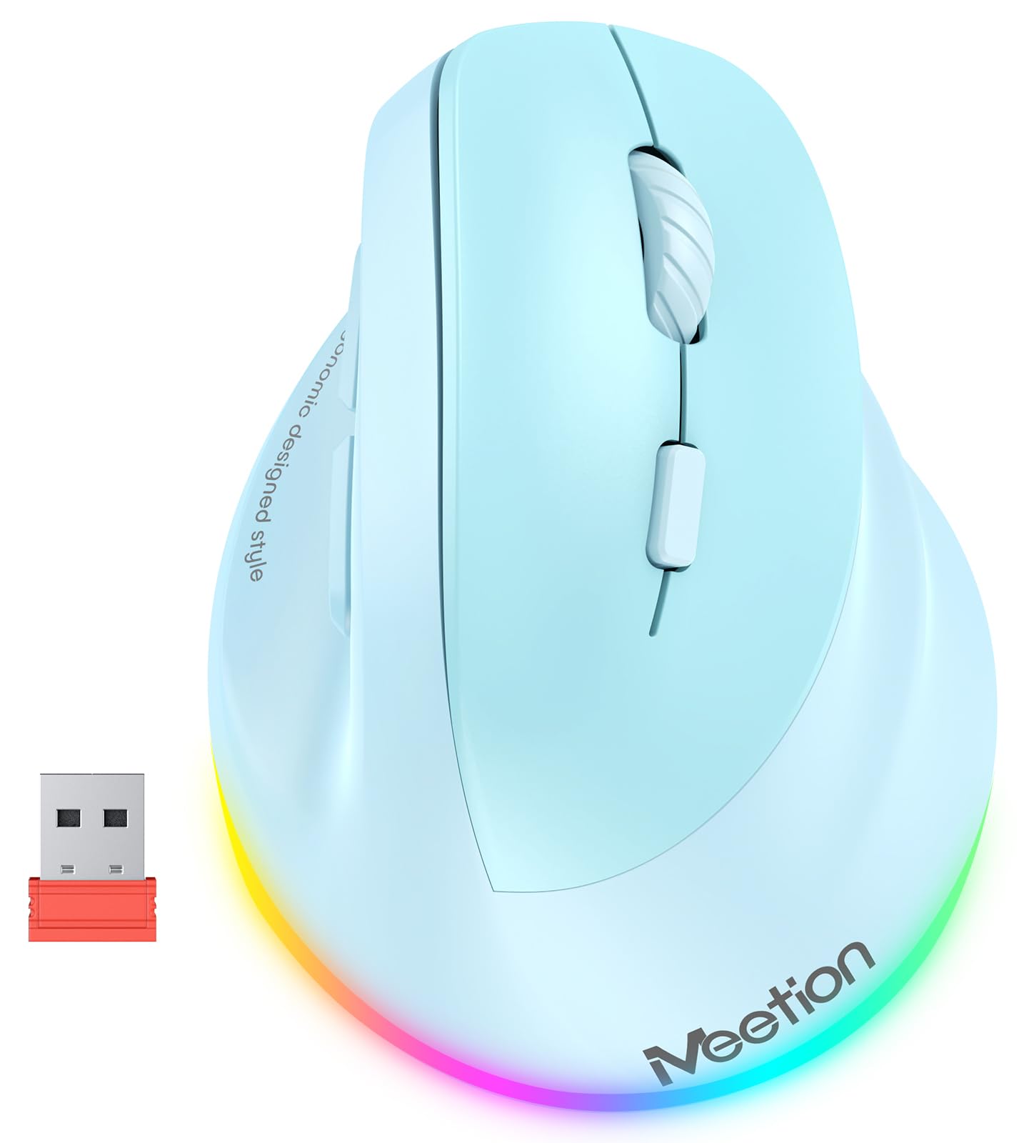 MEETION Ergonomic Mouse, Wireless Vertical Mouse RGB Backlit Rechargeable Mice for Bluetooth(5.2 + 3.0) & USB-A with Type-c Adapter 4 Adjustable DPI Compatible Mac/Windows/Andriod/PC/Tablet/iPad