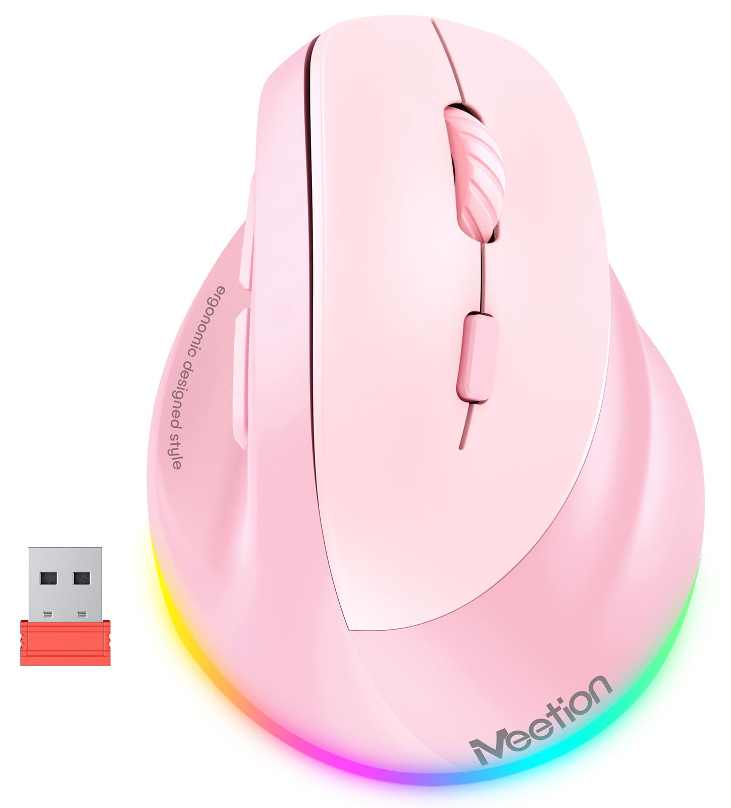 MEETION Ergonomic Mouse, Wireless Vertical Mouse RGB Backlit Rechargeable Mice for Bluetooth(5.2 + 3.0) & USB-A with Type-c Adapter 4 Adjustable DPI Compatible Mac/Windows/Andriod/PC/Tablet/iPad