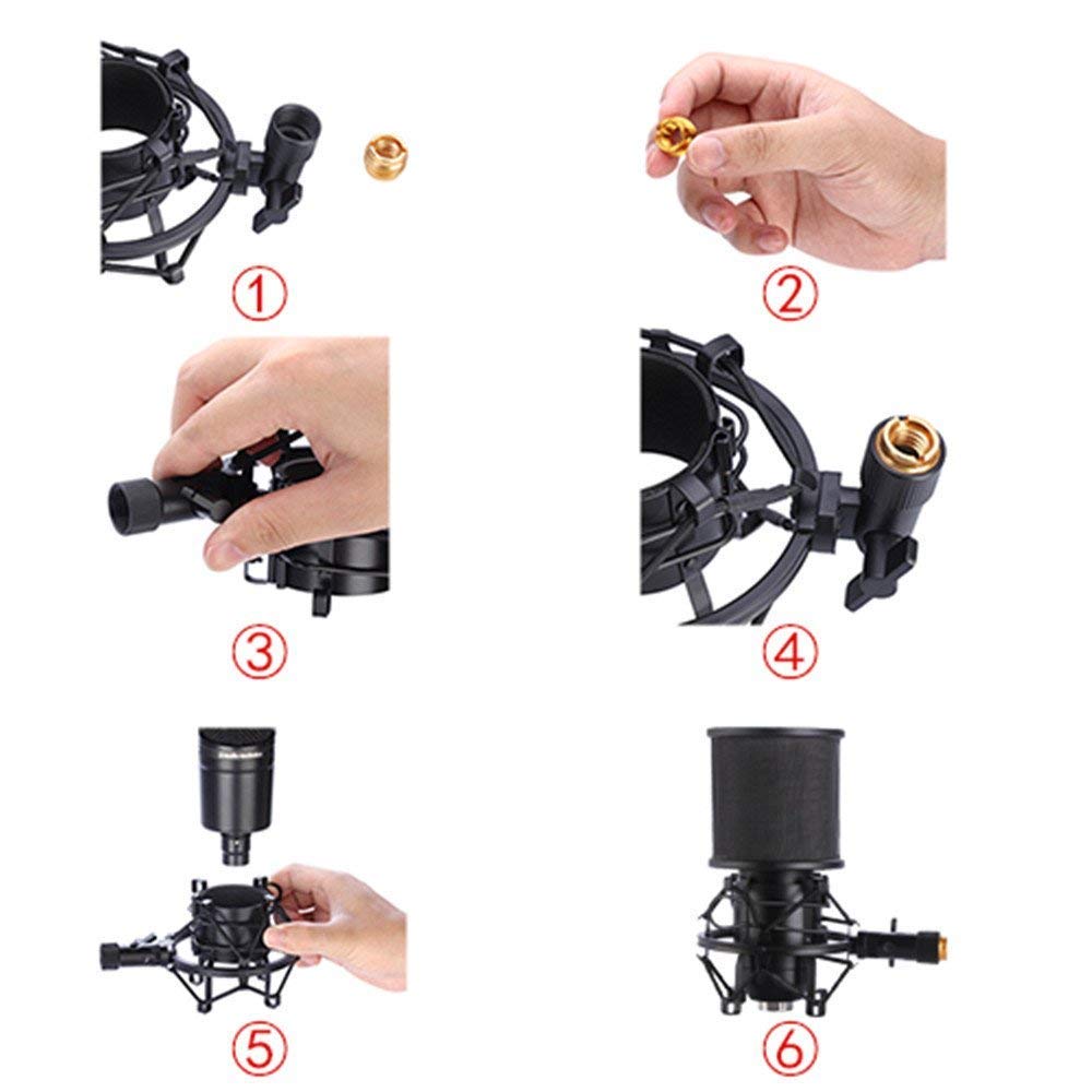 Microphone Shock Mount with Pop Filter, Mic Anti-Vibration Suspension Shock Mount Holder Clip for Diameter 46mm-53mm Microphone