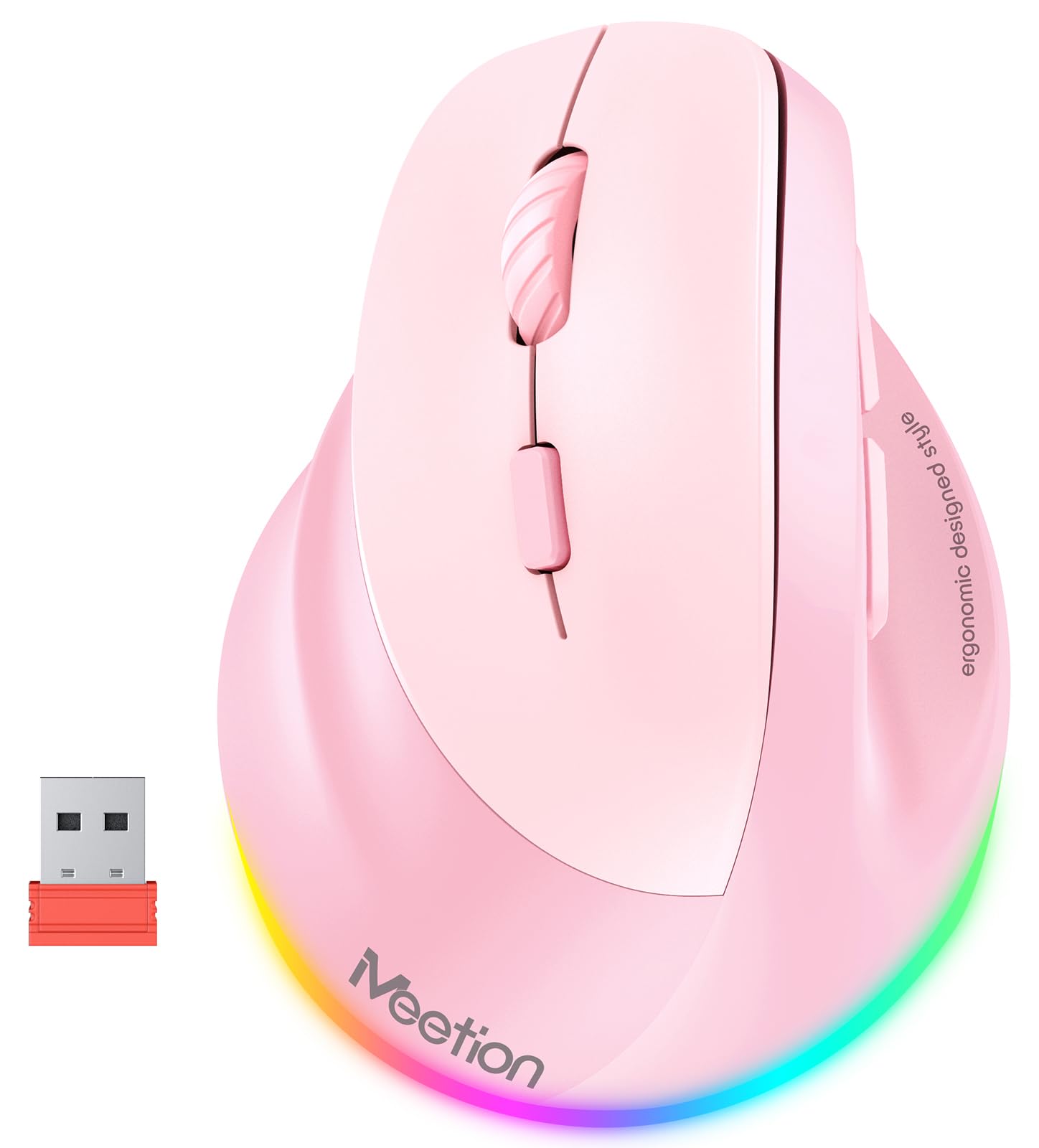 MEETION Ergonomic Mouse, Wireless Vertical Mouse RGB Backlit Rechargeable Mice for Bluetooth(5.2 + 3.0) & USB-A with Type-c Adapter 4 Adjustable DPI Compatible Mac/Windows/Andriod/PC/Tablet/iPad