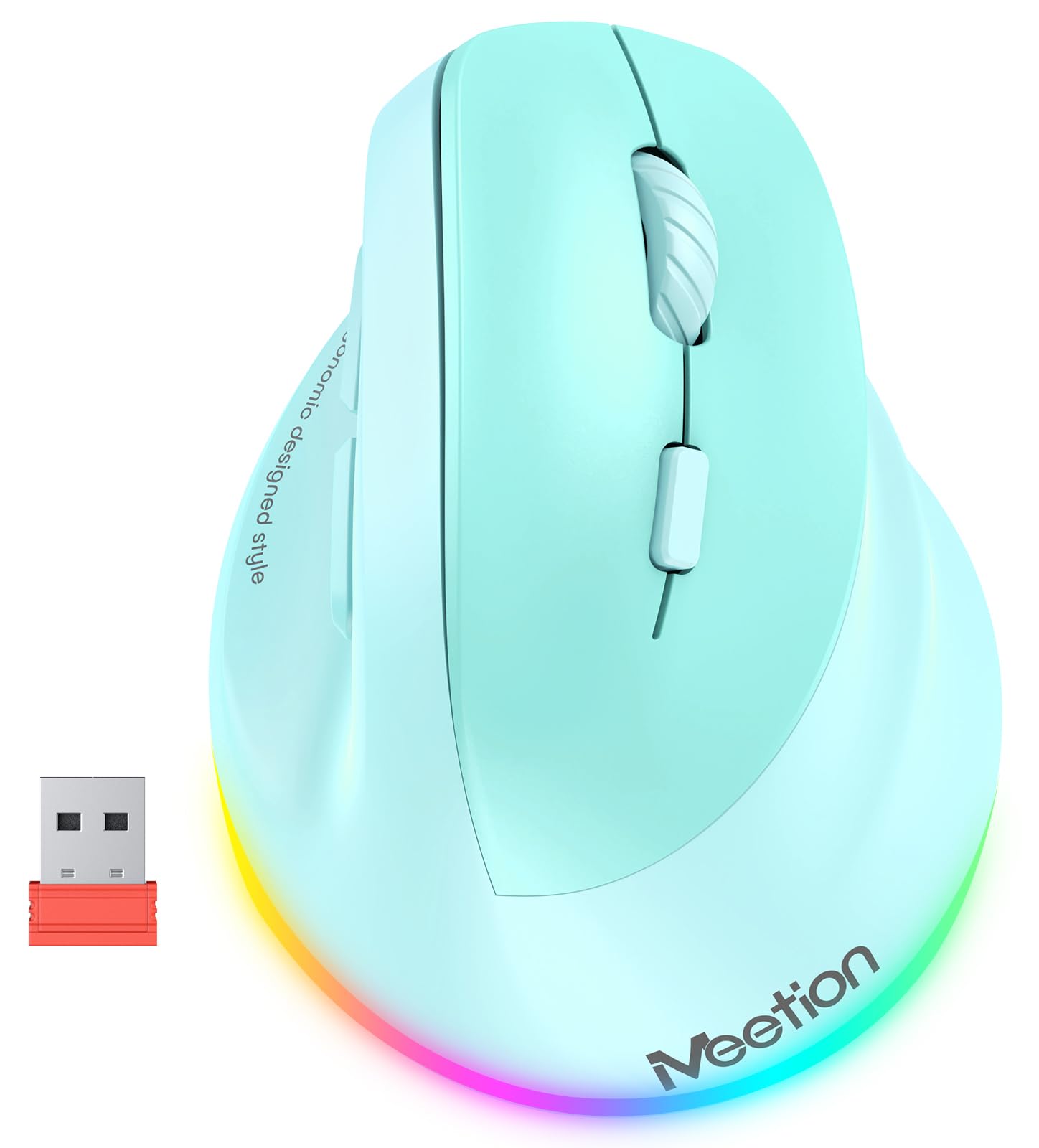 MEETION Ergonomic Mouse, Wireless Vertical Mouse RGB Backlit Rechargeable Mice for Bluetooth(5.2 + 3.0) & USB-A with Type-c Adapter 4 Adjustable DPI Compatible Mac/Windows/Andriod/PC/Tablet/iPad