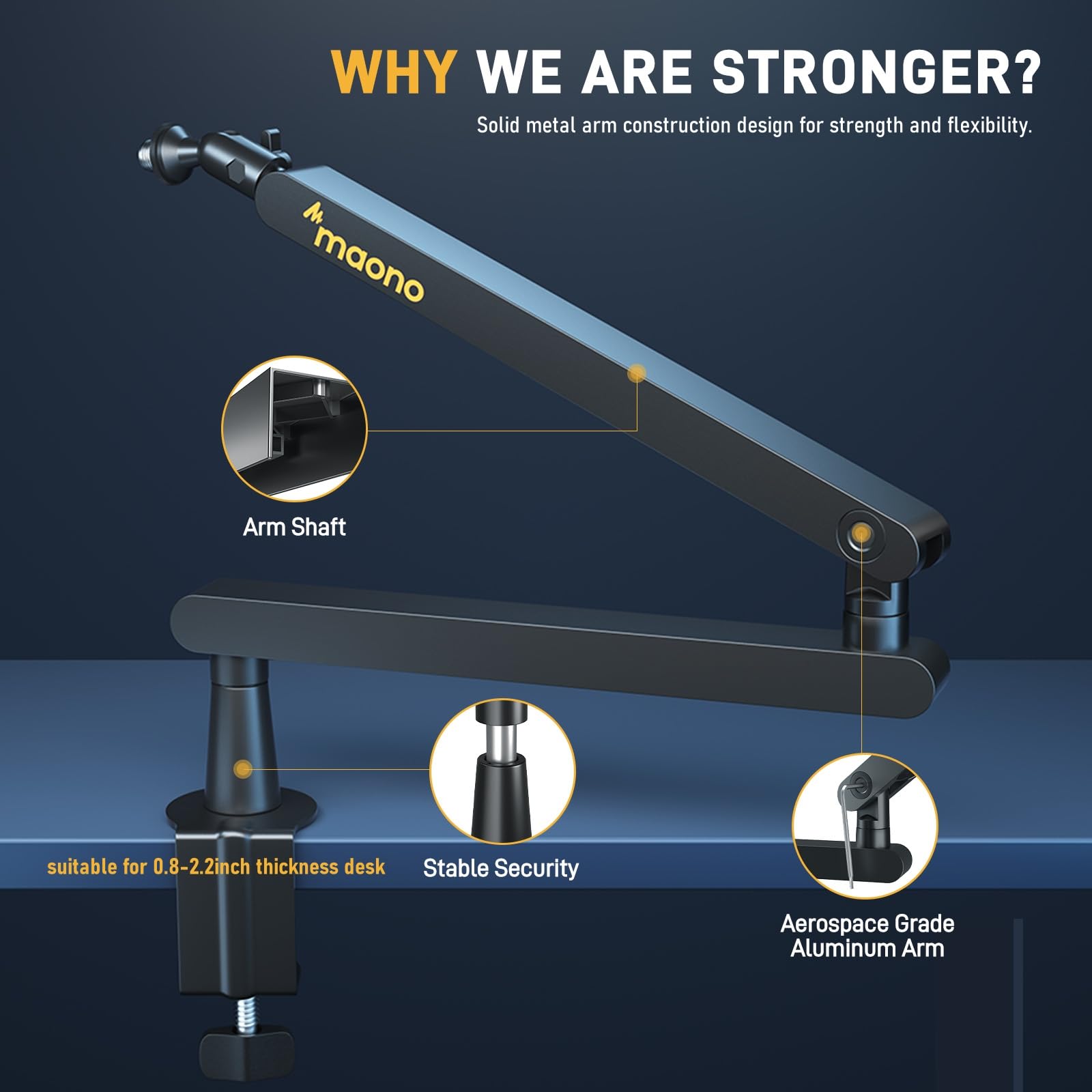 MAONO Microphone Boom Arm, Heavy Duty Low Profile Mic Arm with Cable Management Channels, Desk Mount Clamp, Fully Adjustable Mic Stand for Podcast Studio Streaming