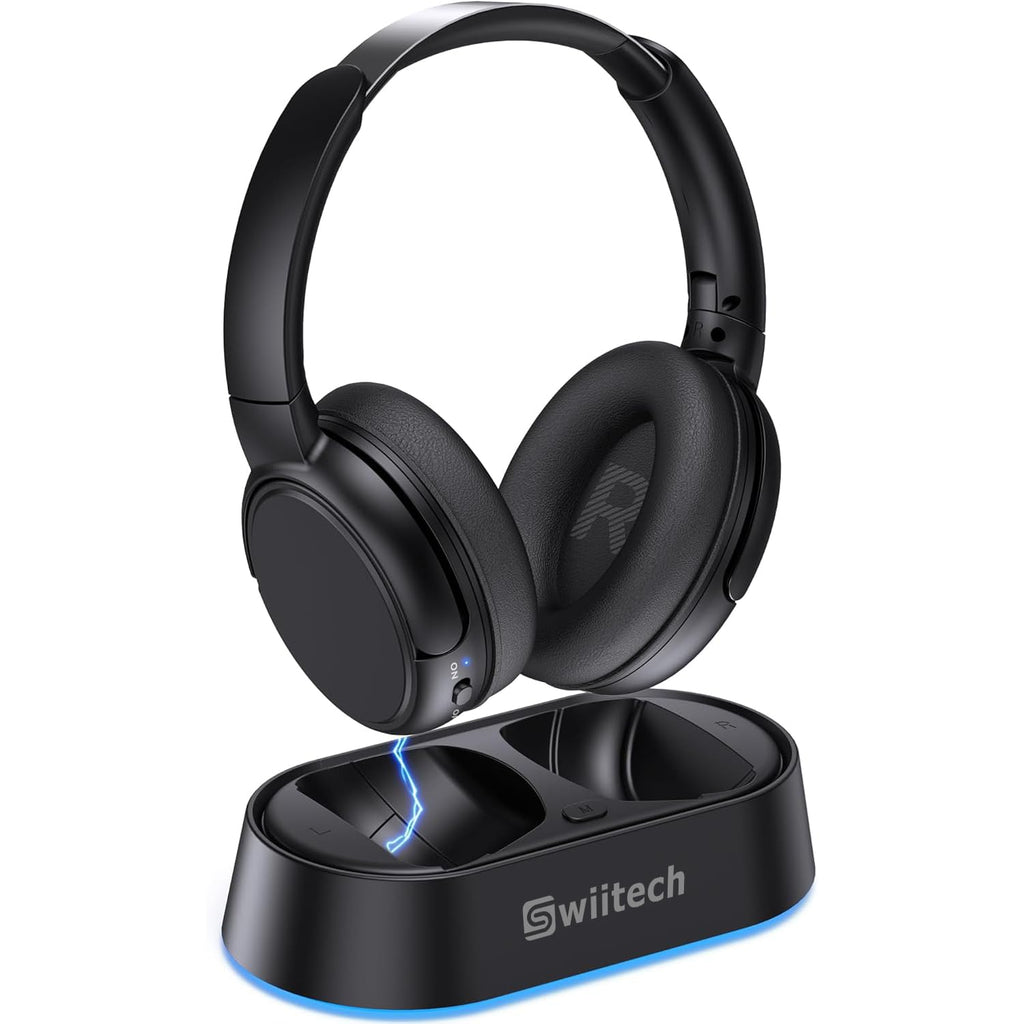 Swiitech Wireless TV Headphones with Charging Dock, 45H Playtime, Bluetooth 5.3, 100ft Long Range, Clear Voice, No Audio Delay, Plug & Play Over-Ear Headset for Seniors