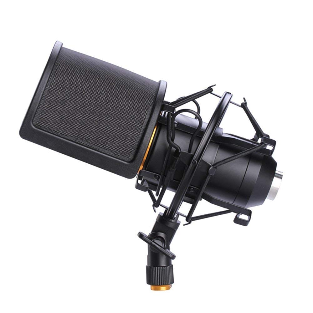 Microphone Shock Mount with Pop Filter, Mic Anti-Vibration Suspension Shock Mount Holder Clip for Diameter 46mm-53mm Microphone