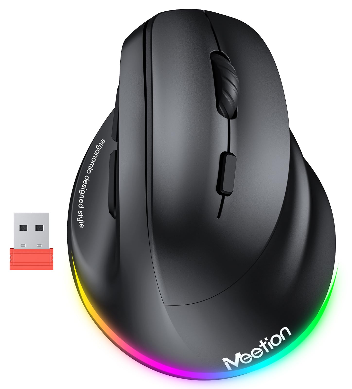 MEETION Ergonomic Mouse, Wireless Vertical Mouse RGB Backlit Rechargeable Mice for Bluetooth(5.2 + 3.0) & USB-A with Type-c Adapter 4 Adjustable DPI Compatible Mac/Windows/Andriod/PC/Tablet/iPad