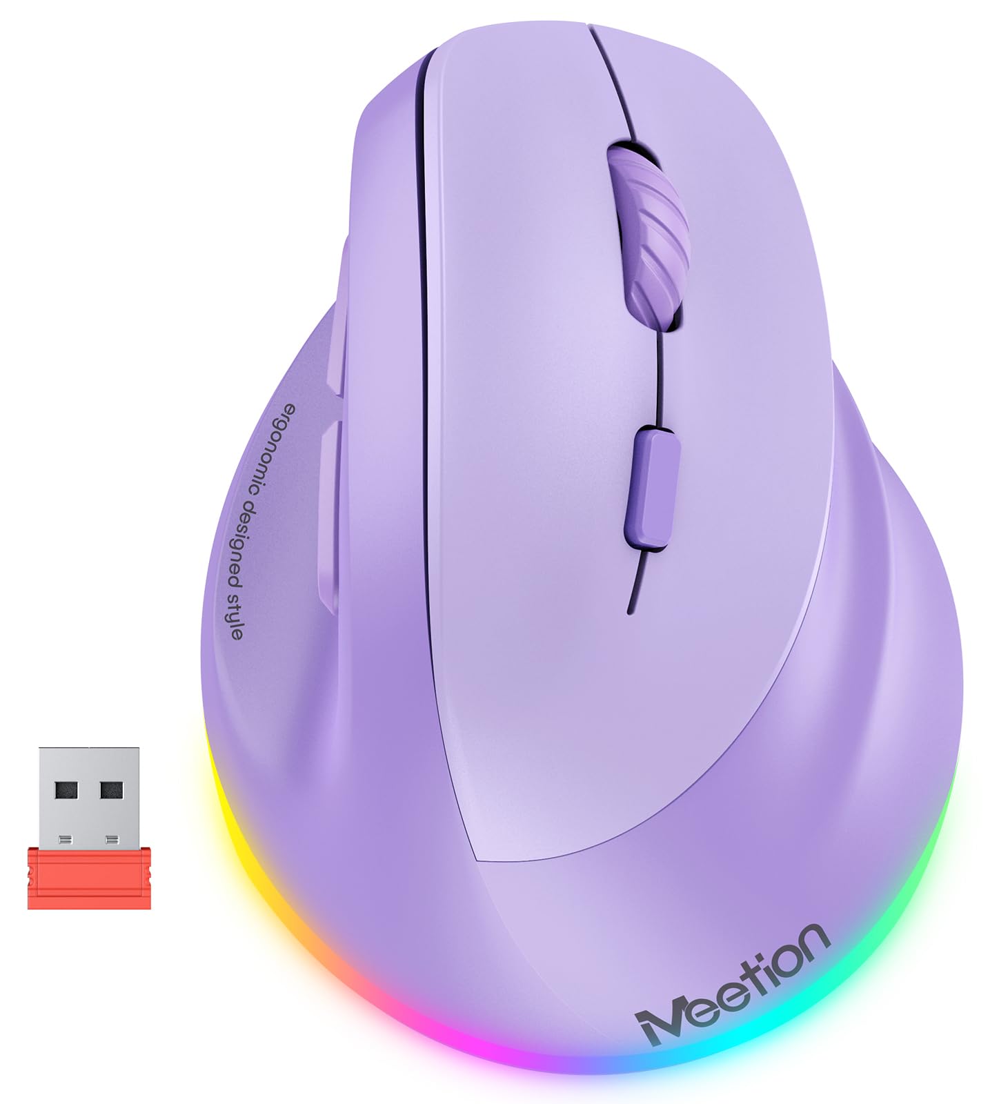 MEETION Ergonomic Mouse, Wireless Vertical Mouse RGB Backlit Rechargeable Mice for Bluetooth(5.2 + 3.0) & USB-A with Type-c Adapter 4 Adjustable DPI Compatible Mac/Windows/Andriod/PC/Tablet/iPad