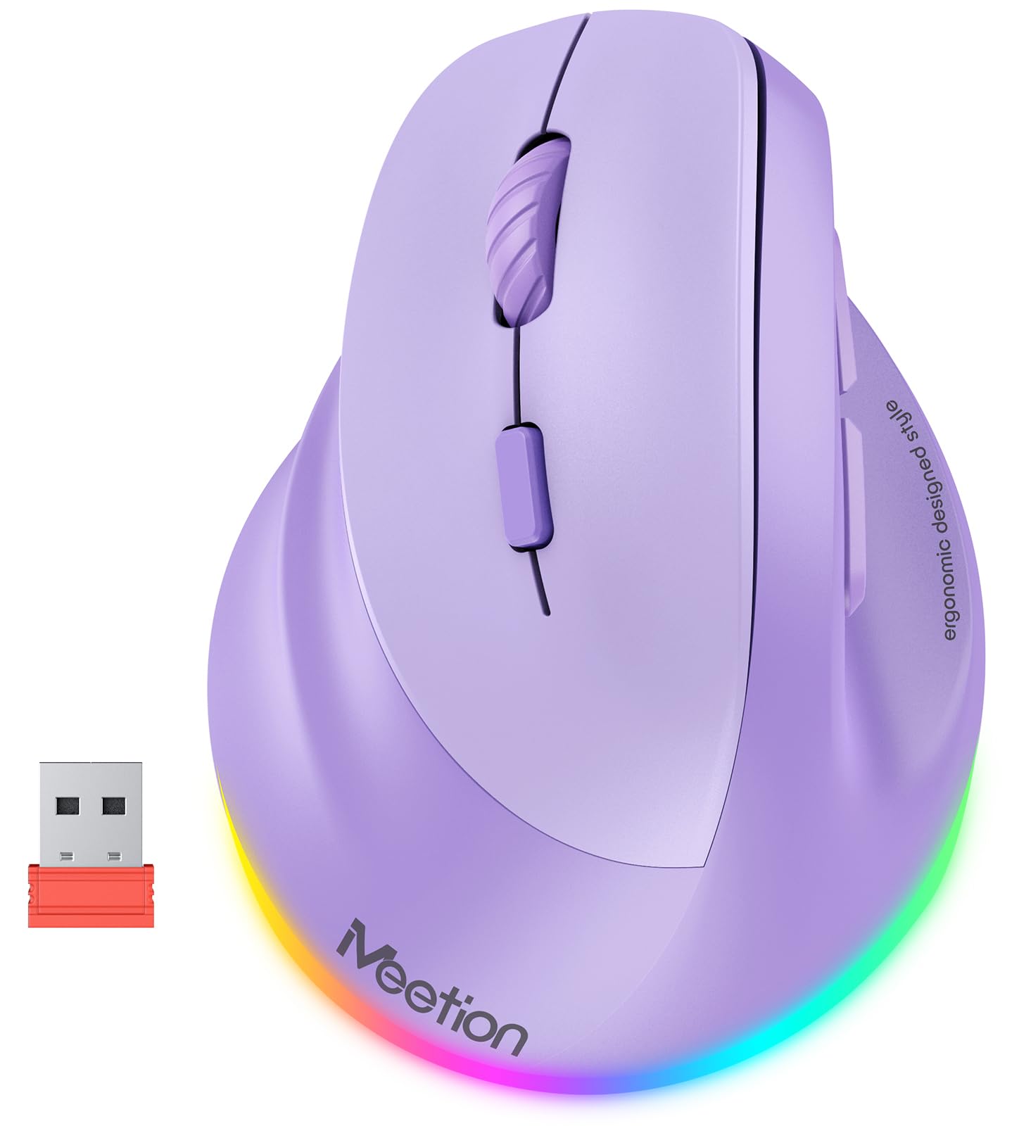 MEETION Ergonomic Mouse, Wireless Vertical Mouse RGB Backlit Rechargeable Mice for Bluetooth(5.2 + 3.0) & USB-A with Type-c Adapter 4 Adjustable DPI Compatible Mac/Windows/Andriod/PC/Tablet/iPad