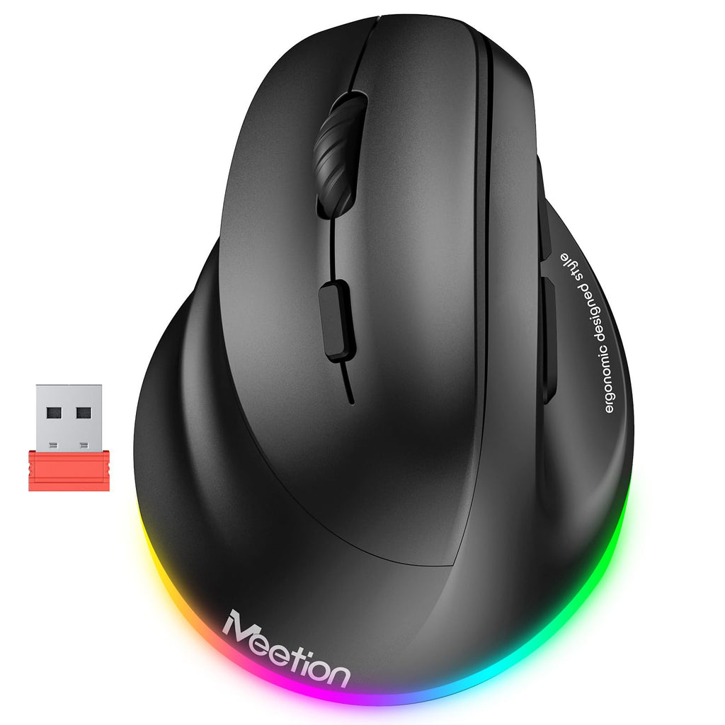 MEETION Ergonomic Mouse, Wireless Vertical Mouse RGB Backlit Rechargeable Mice for Bluetooth(5.2 + 3.0) & USB-A with Type-c Adapter 4 Adjustable DPI Compatible Mac/Windows/Andriod/PC/Tablet/iPad