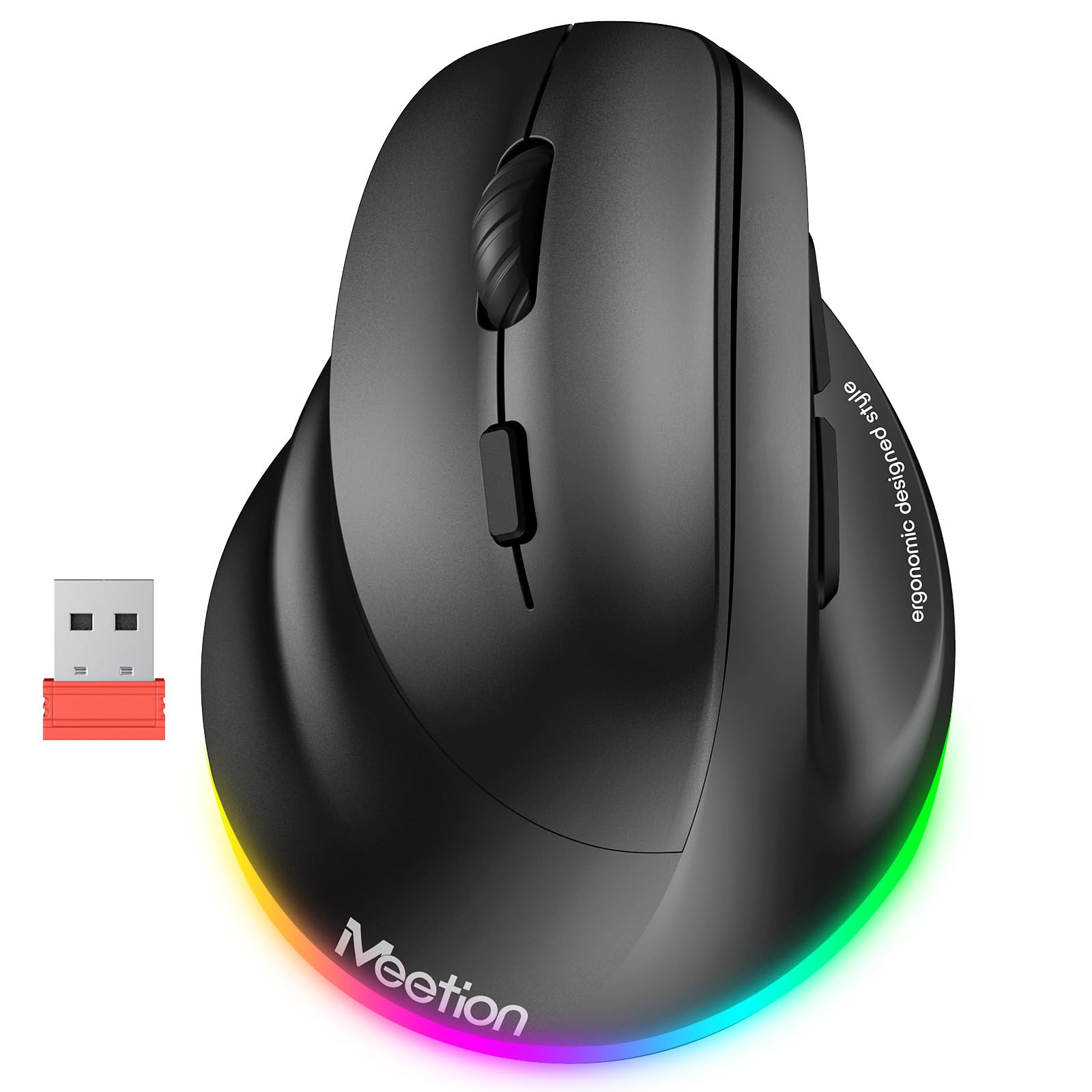 MEETION Ergonomic Mouse, Wireless Vertical Mouse RGB Backlit Rechargeable Mice for Bluetooth(5.2 + 3.0) & USB-A with Type-c Adapter 4 Adjustable DPI Compatible Mac/Windows/Andriod/PC/Tablet/iPad