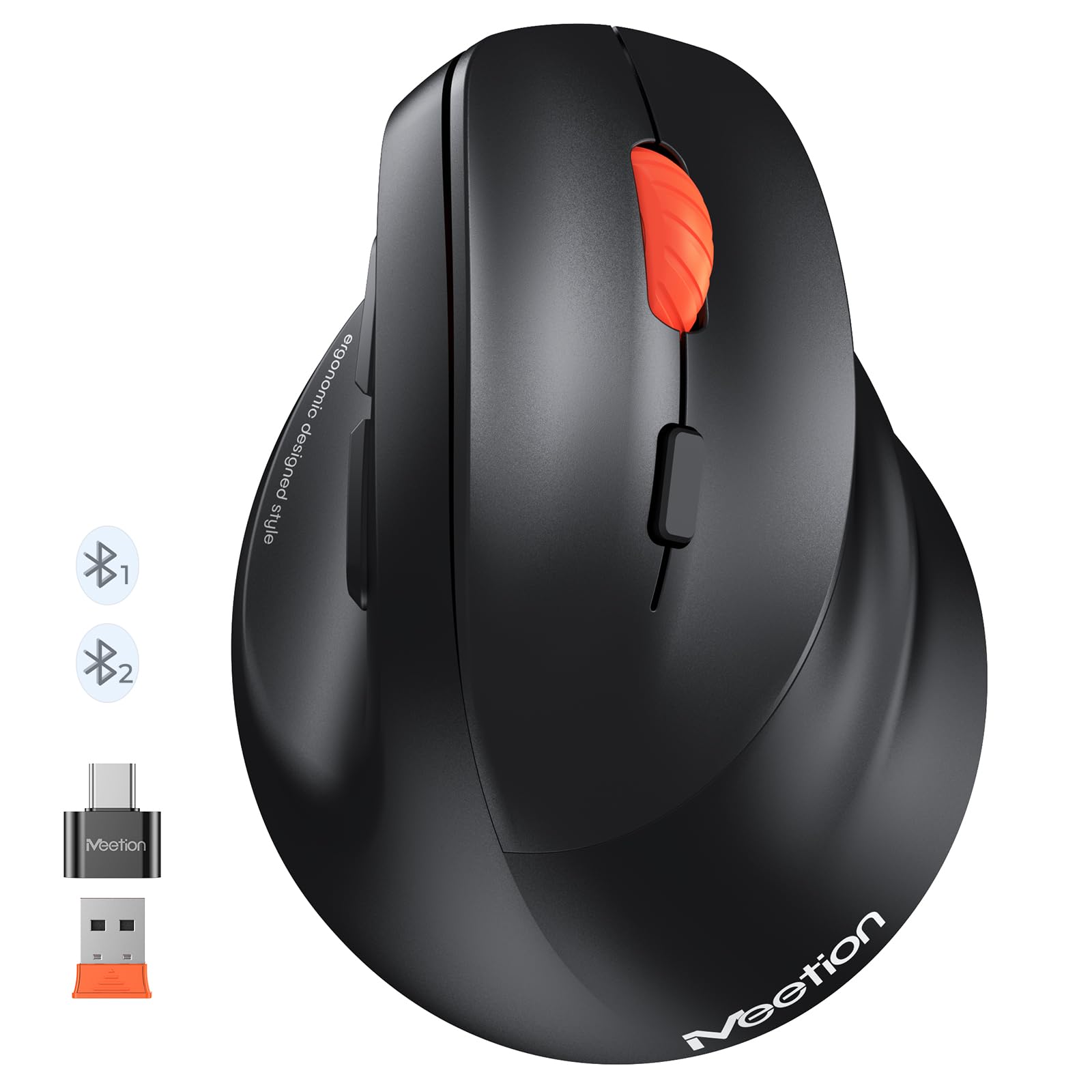 MEETION Ergonomic Mouse, Wireless Vertical Mouse RGB Backlit Rechargeable Mice for Bluetooth(5.2 + 3.0) & USB-A with Type-c Adapter 4 Adjustable DPI Compatible Mac/Windows/Andriod/PC/Tablet/iPad