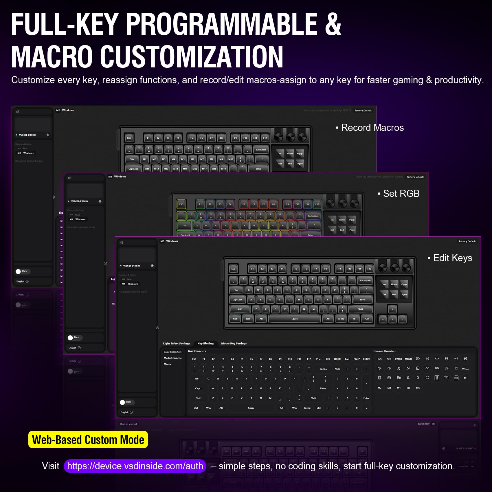 VSDINSIDE K1 Pro Macro Keyboard, Wired Only Full-Key Programmable On-Board Keypad, Custom Gaming Streaming Mechanical Keyboards with Screen & Knob, Gasket, RGB Backlit, Hot Swappable Shortcut Pad