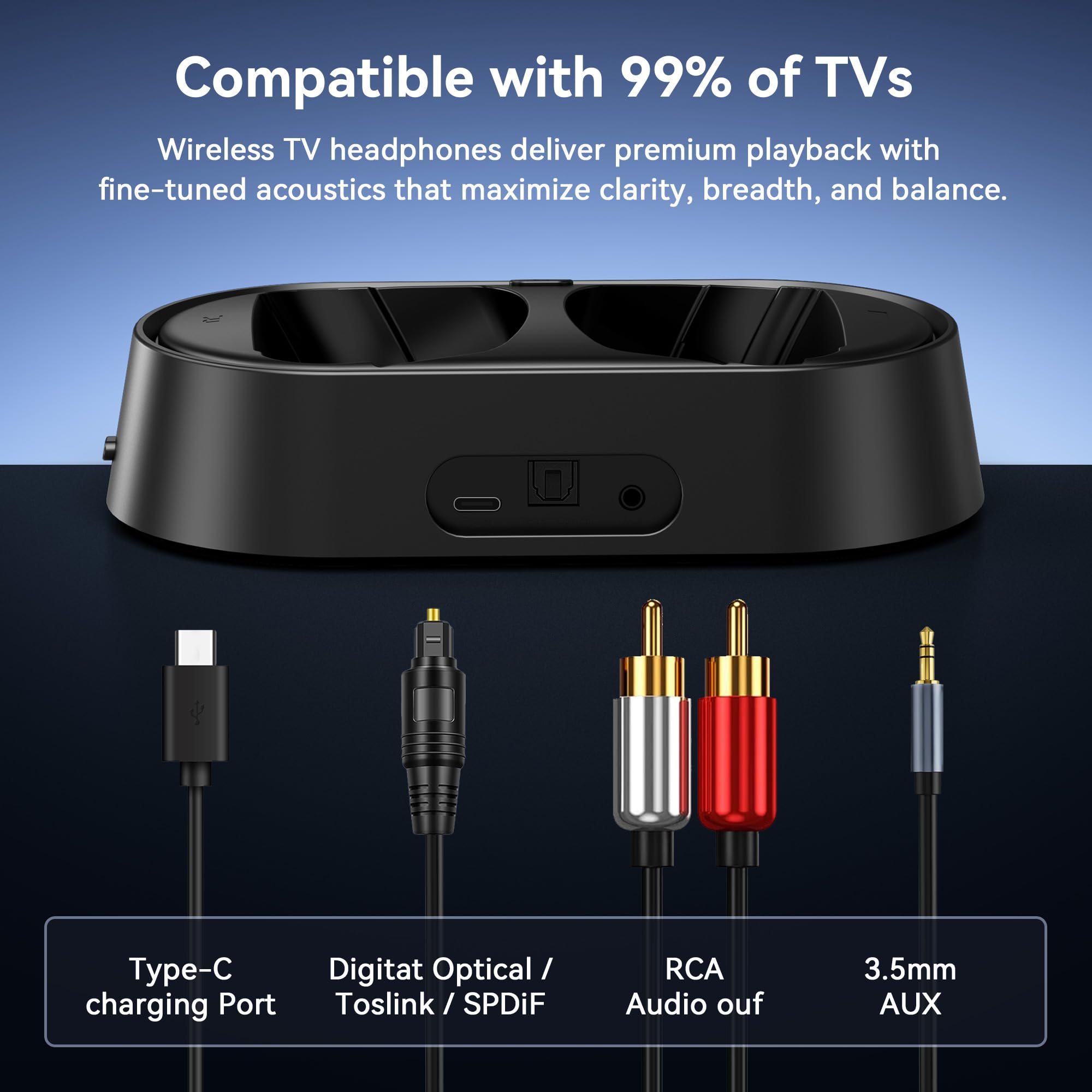 Swiitech Wireless TV Headphones with Charging Dock, 45H Playtime, Bluetooth 5.3, 100ft Long Range, Clear Voice, No Audio Delay, Plug & Play Over-Ear Headset for Seniors