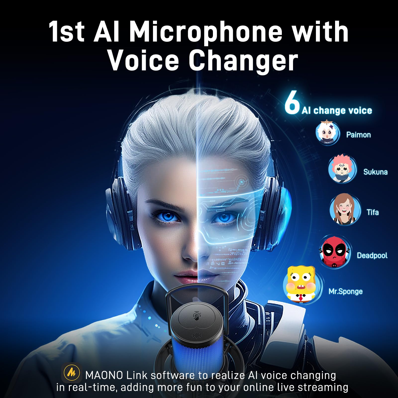 MAONO Wireless Microphone for PC,Gaming Streaming Condenser Mic with Software AI Voice Change,3-Level Noise Cancellation,Custom EQ,Gain Control USB Mic for Podcast Recording