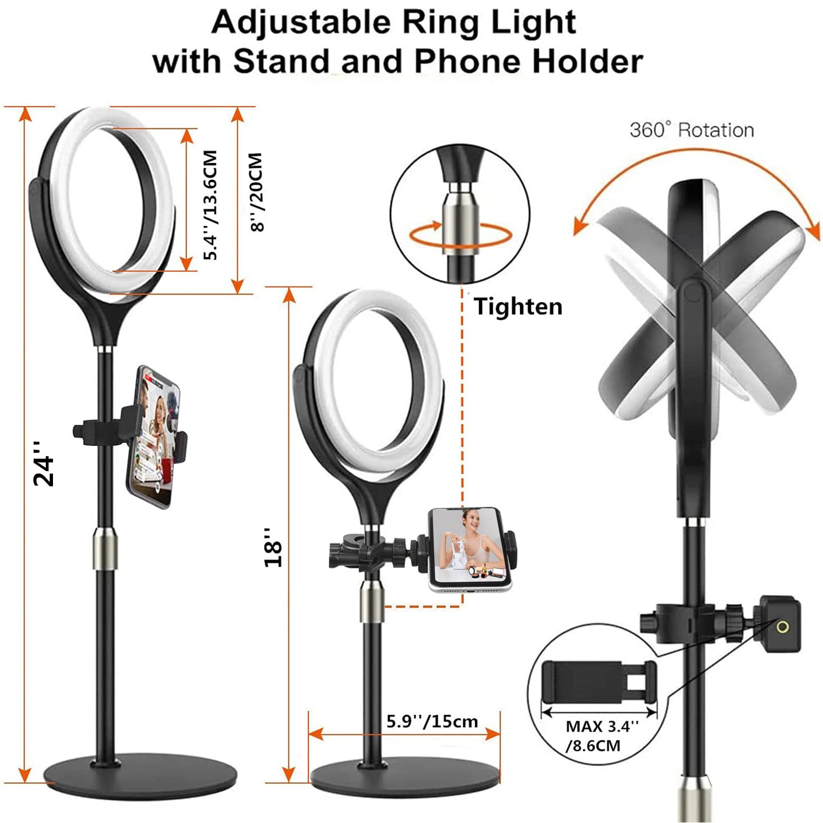 Desktop Ring Light with Stand & Phone Holder for Streaming