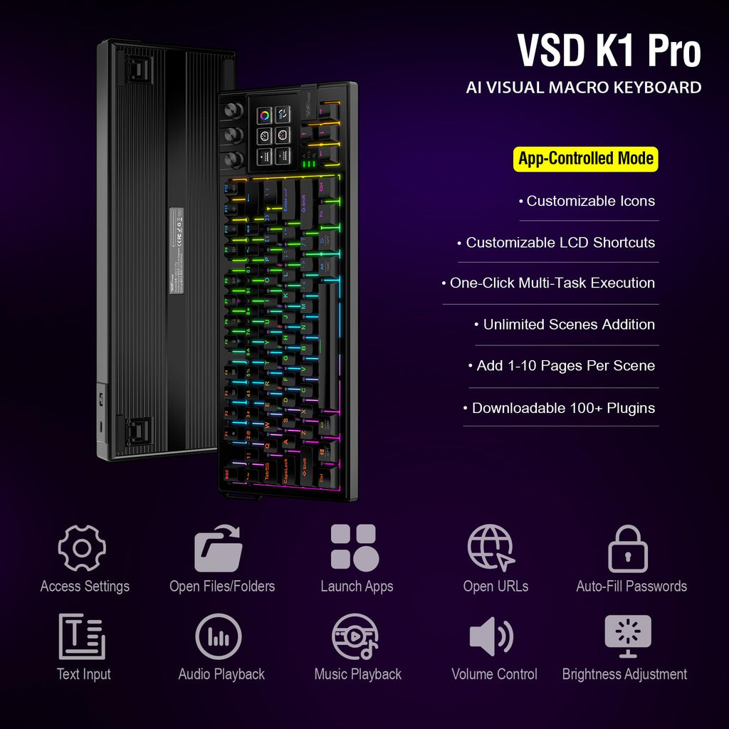 VSDINSIDE K1 Pro Macro Keyboard, Wired Only Full-Key Programmable On-Board Keypad, Custom Gaming Streaming Mechanical Keyboards with Screen & Knob, Gasket, RGB Backlit, Hot Swappable Shortcut Pad