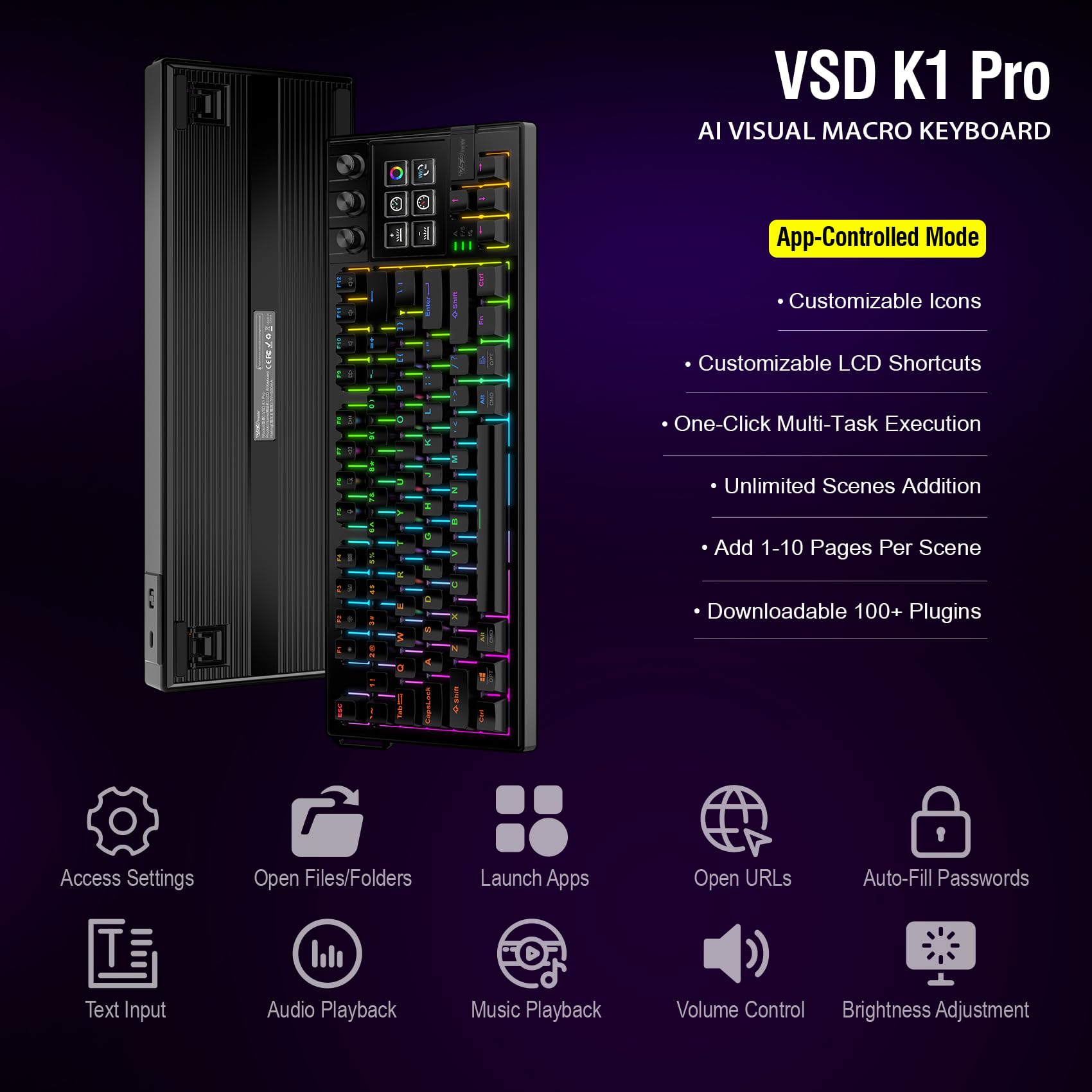 VSDINSIDE K1 Pro Macro Keyboard, Wired Only Full-Key Programmable On-Board Keypad, Custom Gaming Streaming Mechanical Keyboards with Screen & Knob, Gasket, RGB Backlit, Hot Swappable Shortcut Pad