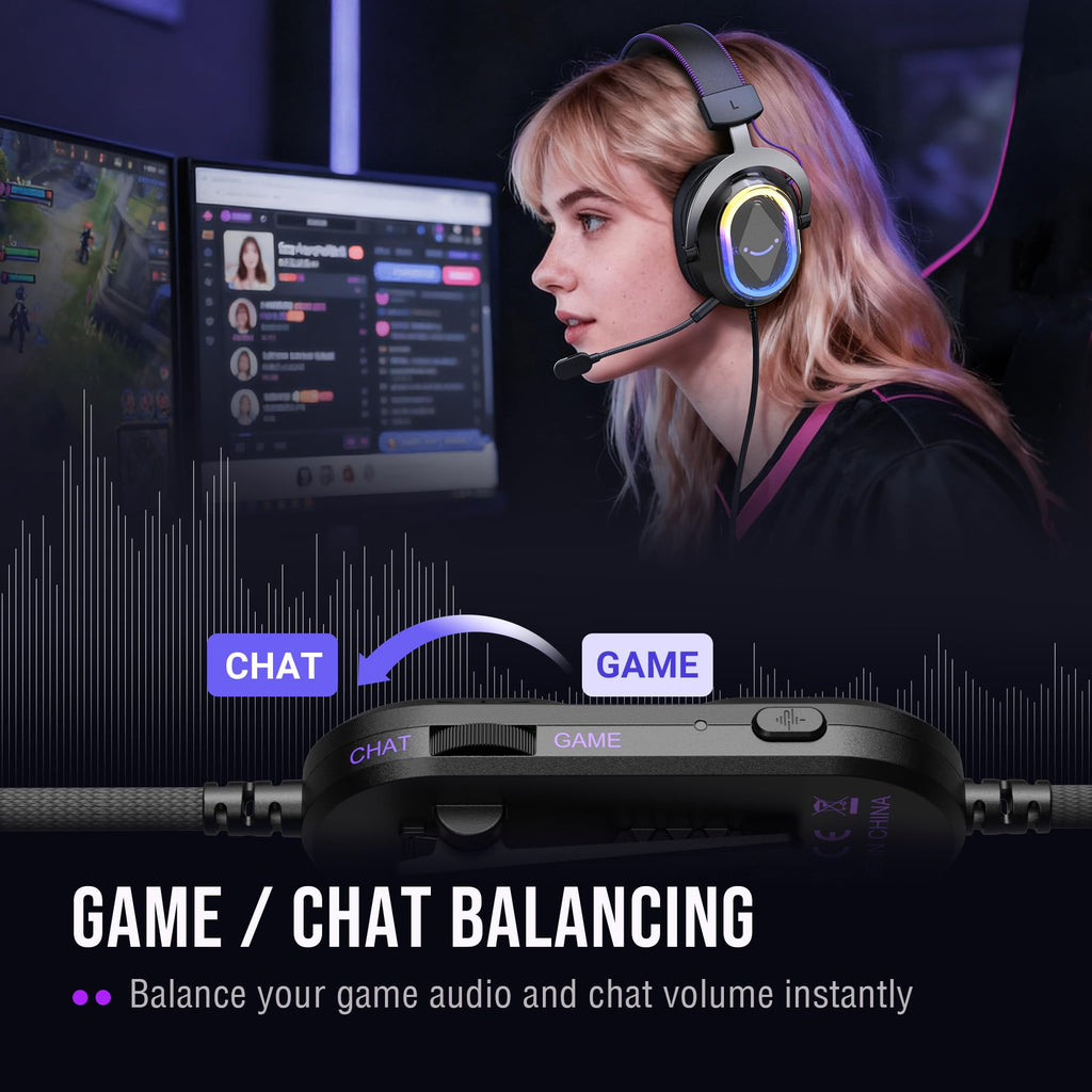 FIFINE Wired Gaming Headset: 7.1 Surround Sound - Vibrant RGB Lighting - NC Mic - Ergonomic Ear Pads - Control Box, Streaming USB Headset for PC, PS5/PS4, Laptop, Mac - AmpliGame H13BP (Black&Purple)