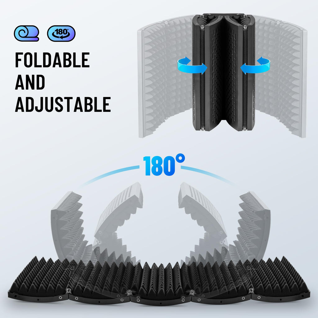 CAHAYA Microphone Isolation Shield Foldable - Mic Shield Recording Studio Sound Absorbing Foam Reflector with 3/8" and 5/8" Mic Adapter Microphone Recording Equipment Black