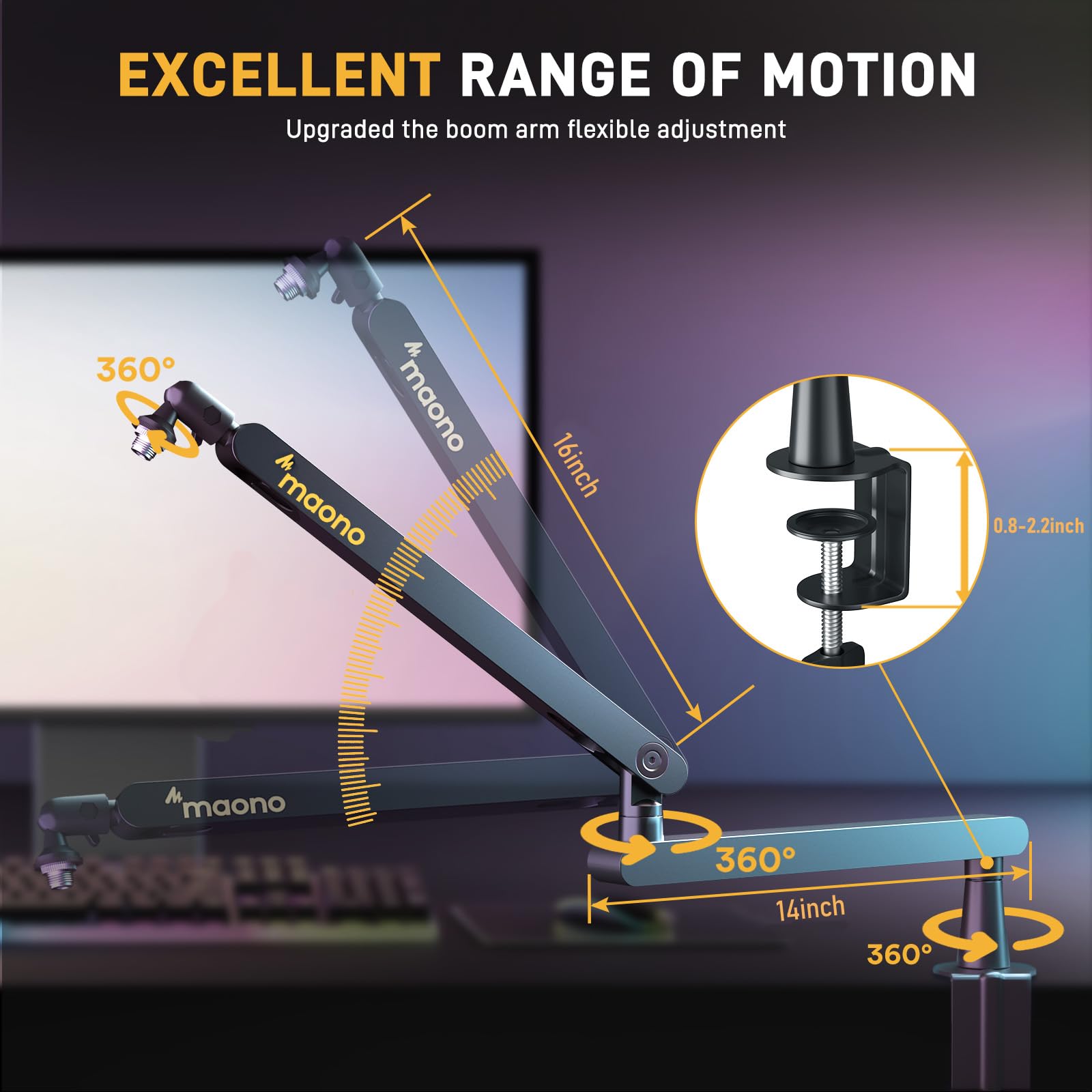 MAONO Microphone Boom Arm, Heavy Duty Low Profile Mic Arm with Cable Management Channels, Desk Mount Clamp, Fully Adjustable Mic Stand for Podcast Studio Streaming