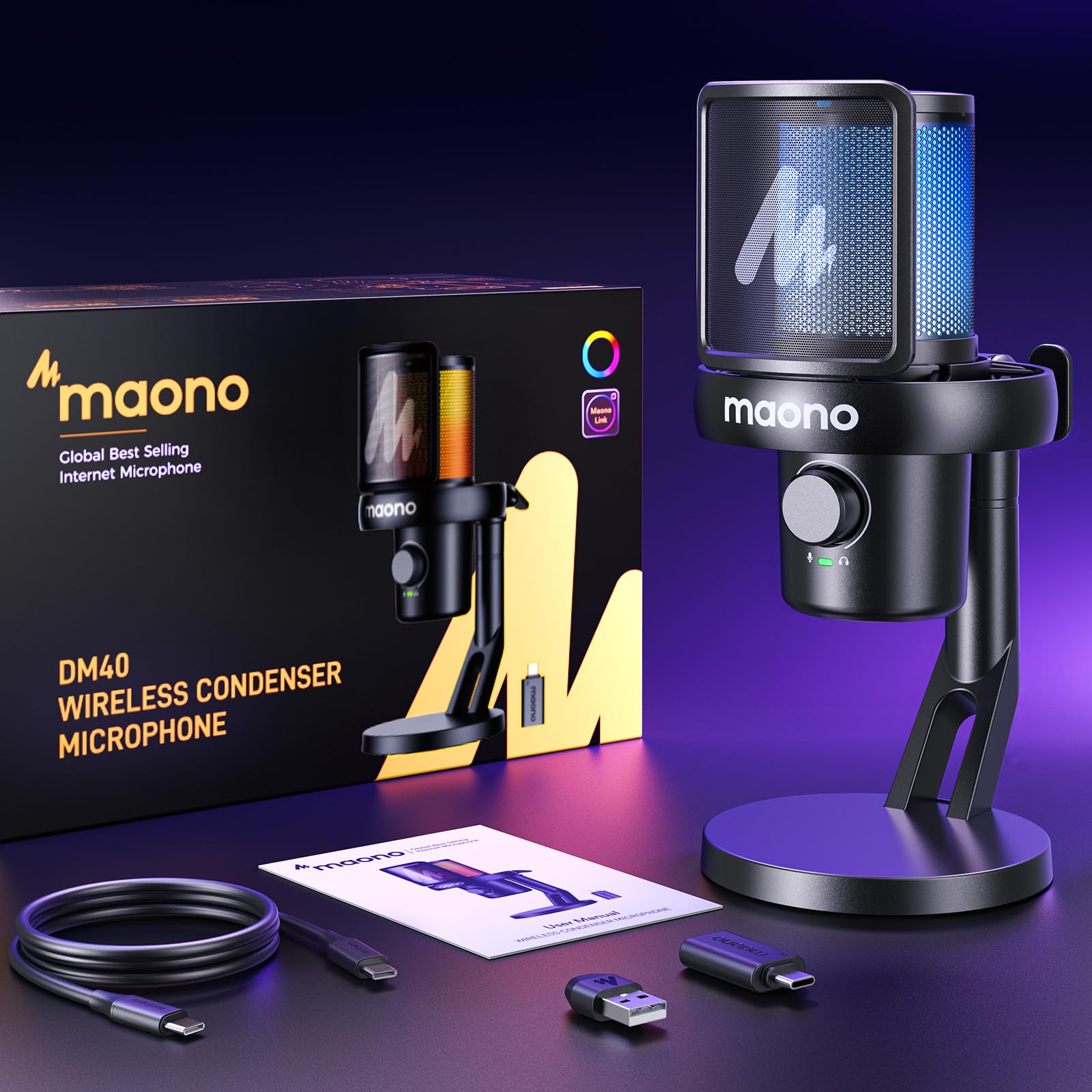 MAONO Wireless Microphone for PC,Gaming Streaming Condenser Mic with Software AI Voice Change,3-Level Noise Cancellation,Custom EQ,Gain Control USB Mic for Podcast Recording