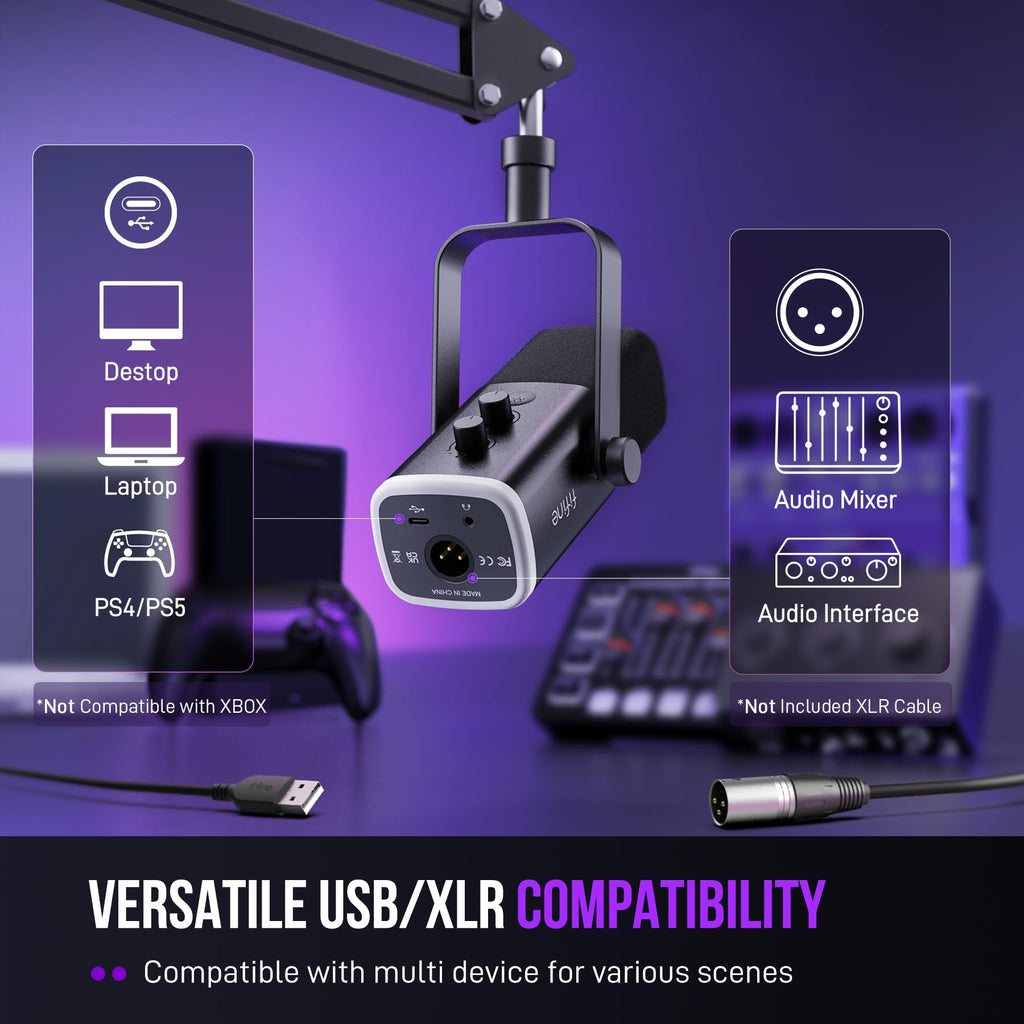 FIFINE XLR/USB Gaming Microphone Set, Dynamic PC Mic for Streaming Podcasting, Computer RGB Mic Kit with Boom Arm Stand, Mute Button, Headphones Jack, for Recording Vocal Voice-Over-AmpliGame AM8T