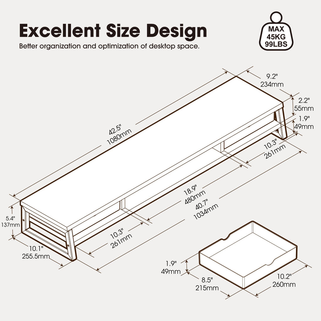 Fenge 42.5-Inch Dual Monitor Riser with Storage Drawers