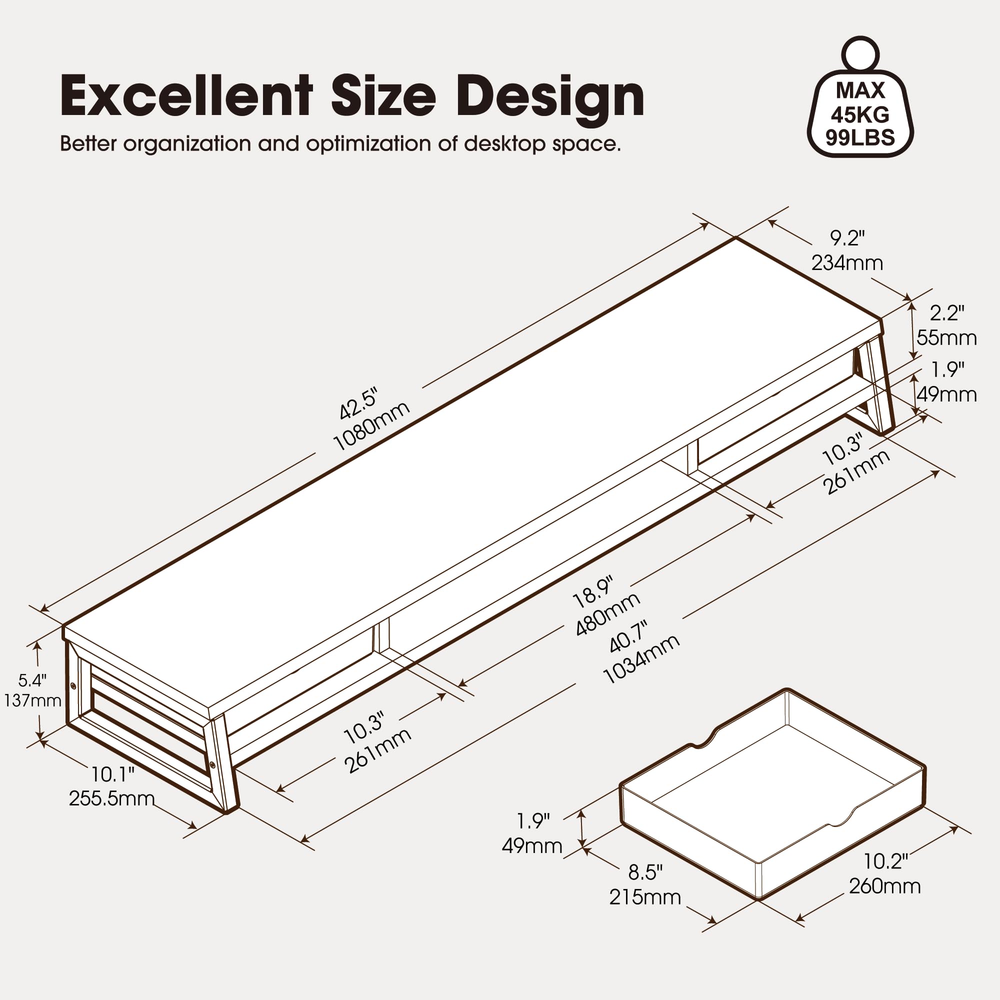 Fenge 42.5-Inch Dual Monitor Riser with Storage Drawers