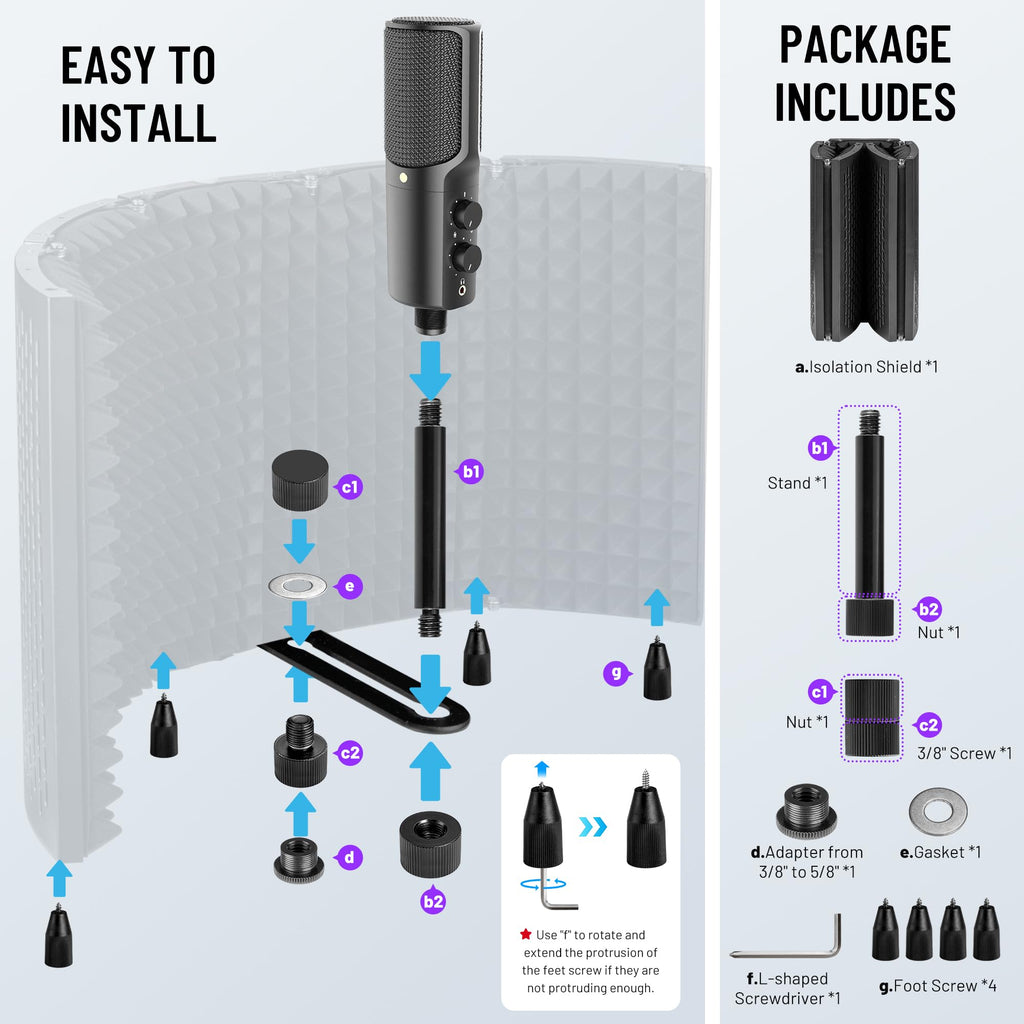 CAHAYA Microphone Isolation Shield Foldable - Mic Shield Recording Studio Sound Absorbing Foam Reflector with 3/8" and 5/8" Mic Adapter Microphone Recording Equipment Black
