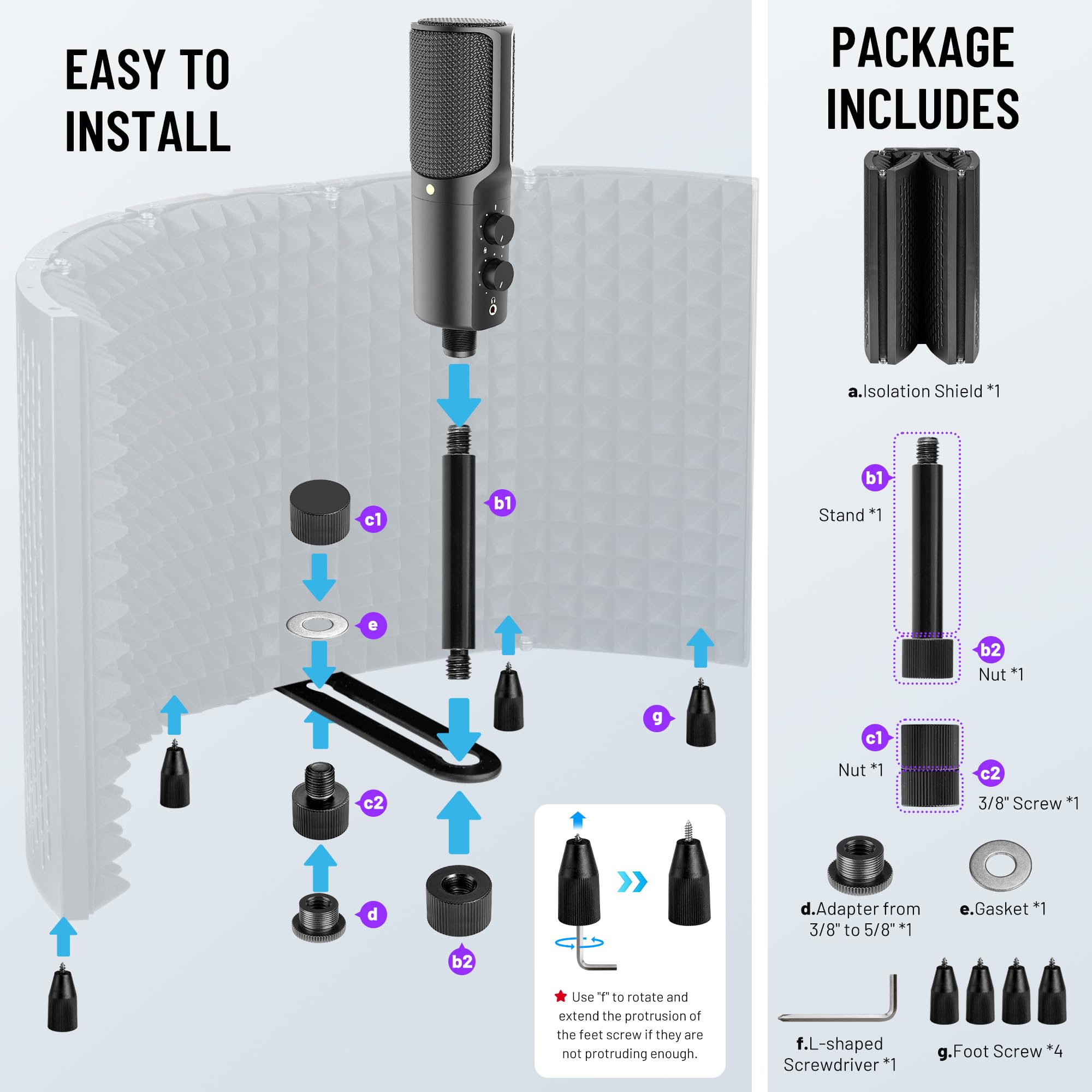 CAHAYA Microphone Isolation Shield Foldable - Mic Shield Recording Studio Sound Absorbing Foam Reflector with 3/8" and 5/8" Mic Adapter Microphone Recording Equipment Black