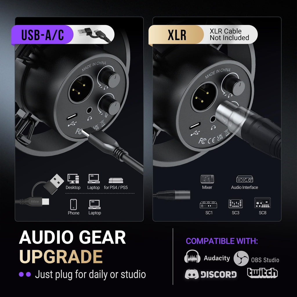 FIFINE K688 Podcast Microphone Kit, USB/XLR Dynamic Microphone with Boom Arm for PC/XLR Mixer, Gaming Mic with Mute Button, Headphone Jack for Vocal, Voice-Over, Streaming, Music Recording -K688CT