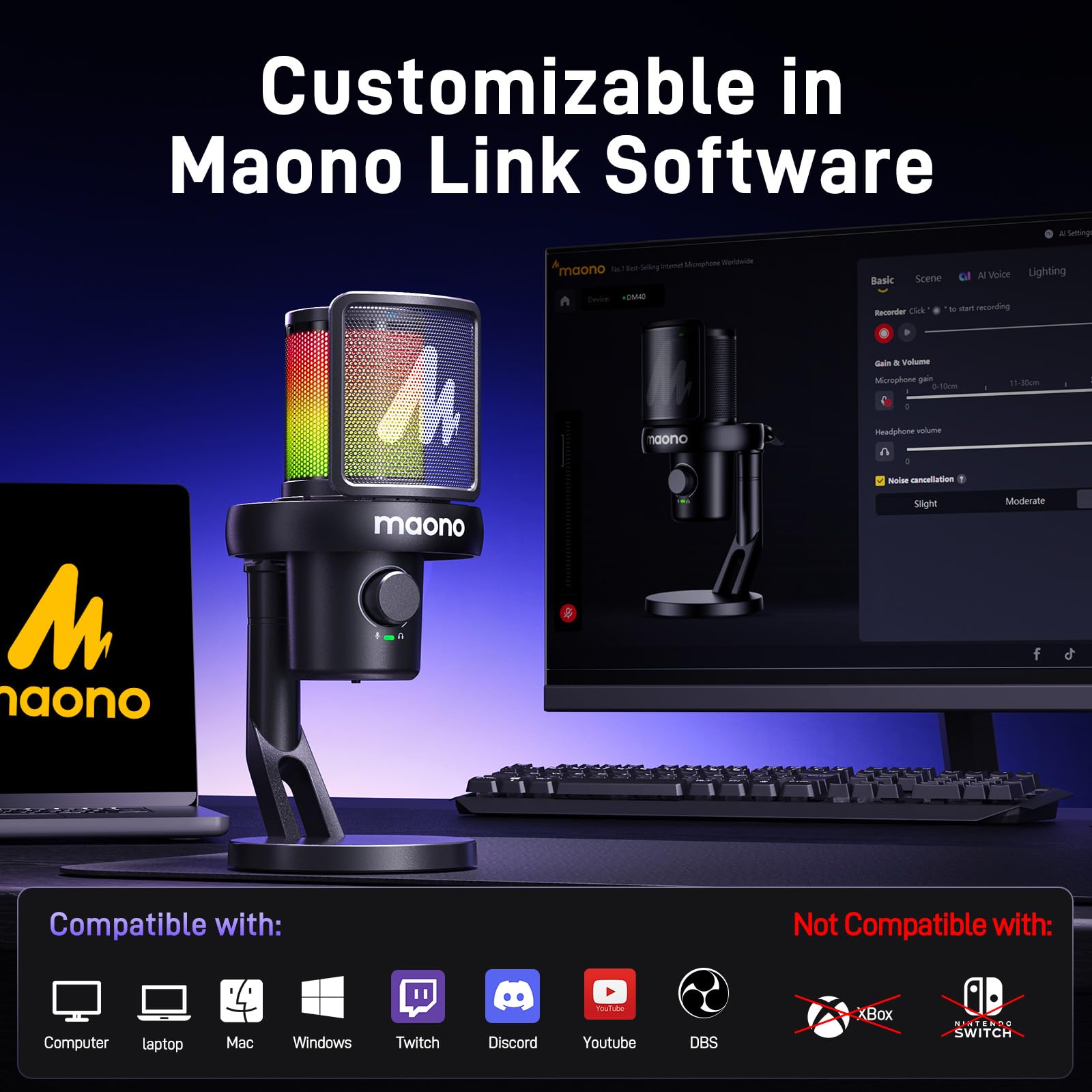 MAONO Wireless Microphone for PC,Gaming Streaming Condenser Mic with Software AI Voice Change,3-Level Noise Cancellation,Custom EQ,Gain Control USB Mic for Podcast Recording