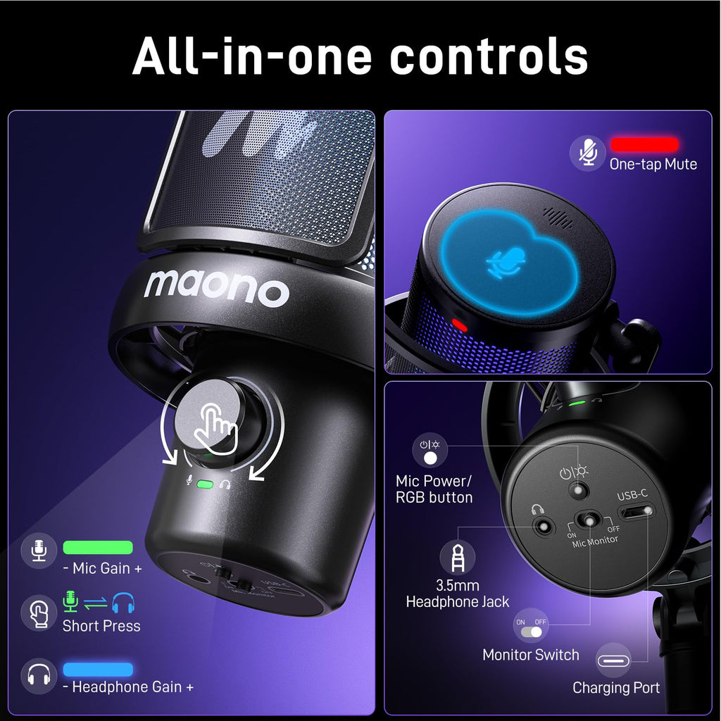 MAONO Wireless Microphone for PC,Gaming Streaming Condenser Mic with Software AI Voice Change,3-Level Noise Cancellation,Custom EQ,Gain Control USB Mic for Podcast Recording