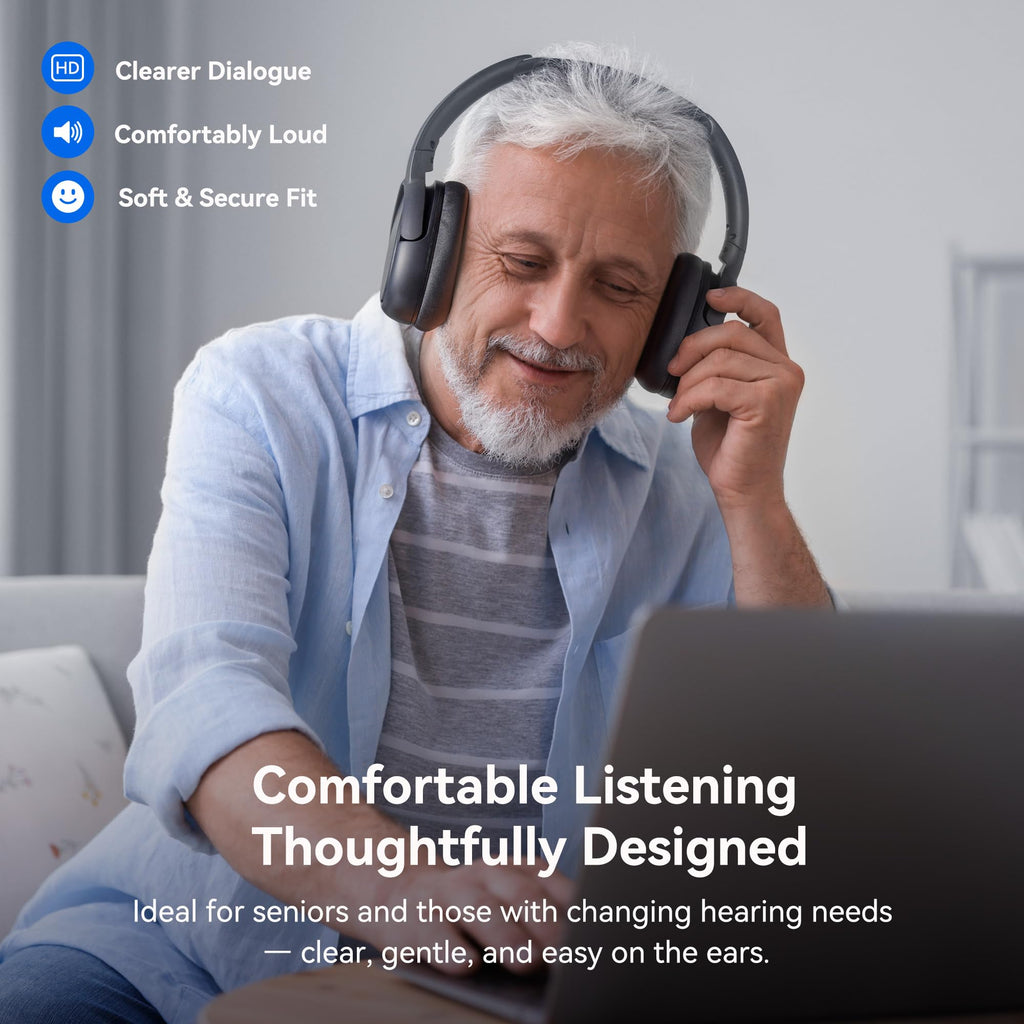 Swiitech Wireless TV Headphones with Charging Dock, 45H Playtime, Bluetooth 5.3, 100ft Long Range, Clear Voice, No Audio Delay, Plug & Play Over-Ear Headset for Seniors