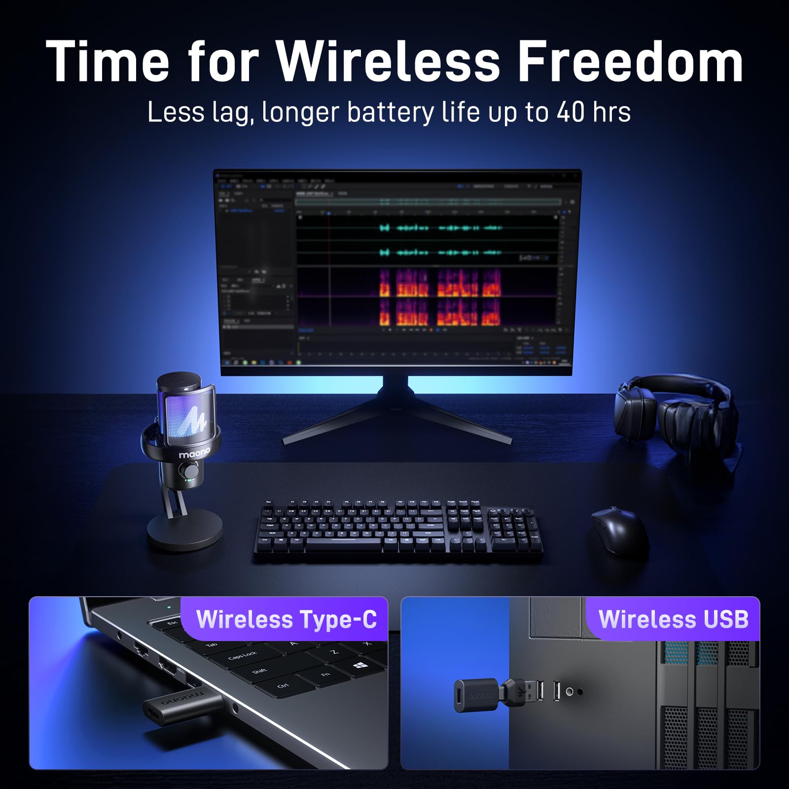 MAONO Wireless Microphone for PC,Gaming Streaming Condenser Mic with Software AI Voice Change,3-Level Noise Cancellation,Custom EQ,Gain Control USB Mic for Podcast Recording