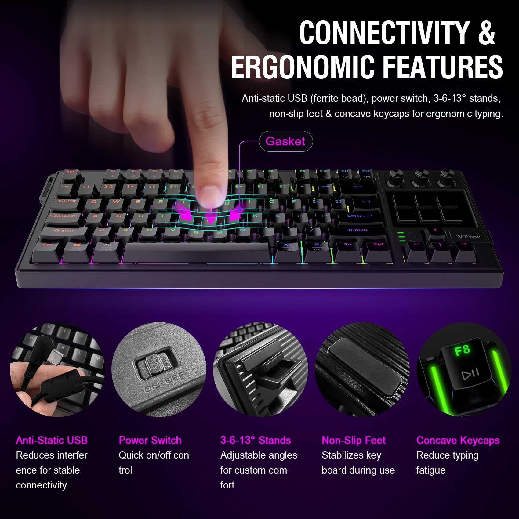 VSDINSIDE K1 Pro Macro Keyboard, Wired Only Full-Key Programmable On-Board Keypad, Custom Gaming Streaming Mechanical Keyboards with Screen & Knob, Gasket, RGB Backlit, Hot Swappable Shortcut Pad