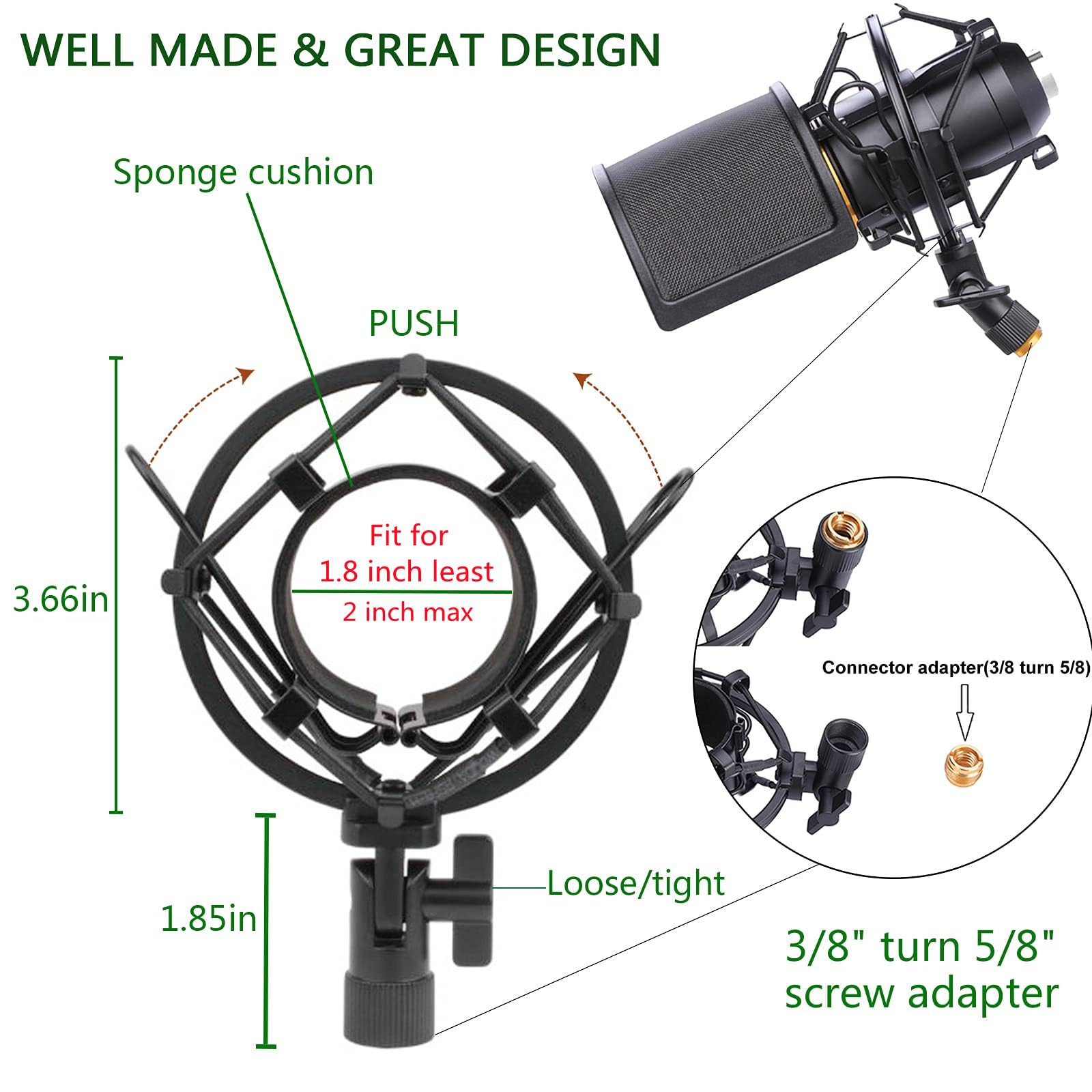 Microphone Shock Mount with Pop Filter, Mic Anti-Vibration Suspension Shock Mount Holder Clip for Diameter 46mm-53mm Microphone