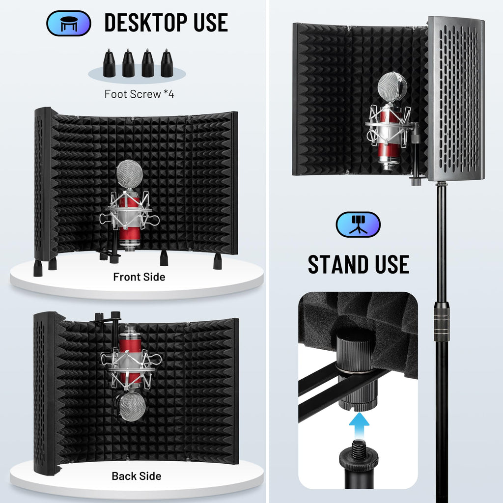 CAHAYA Microphone Isolation Shield Foldable - Mic Shield Recording Studio Sound Absorbing Foam Reflector with 3/8" and 5/8" Mic Adapter Microphone Recording Equipment Black