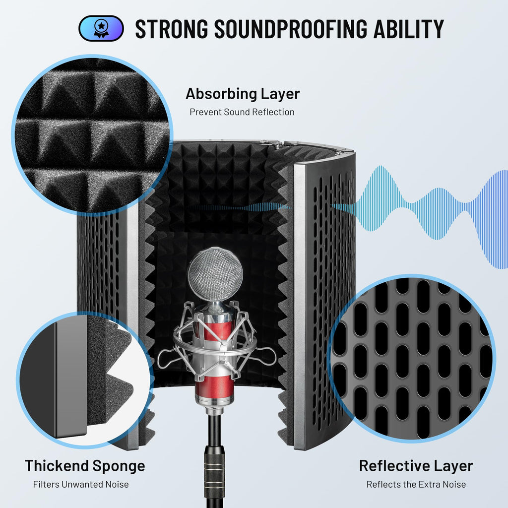 CAHAYA Microphone Isolation Shield Foldable - Mic Shield Recording Studio Sound Absorbing Foam Reflector with 3/8" and 5/8" Mic Adapter Microphone Recording Equipment Black