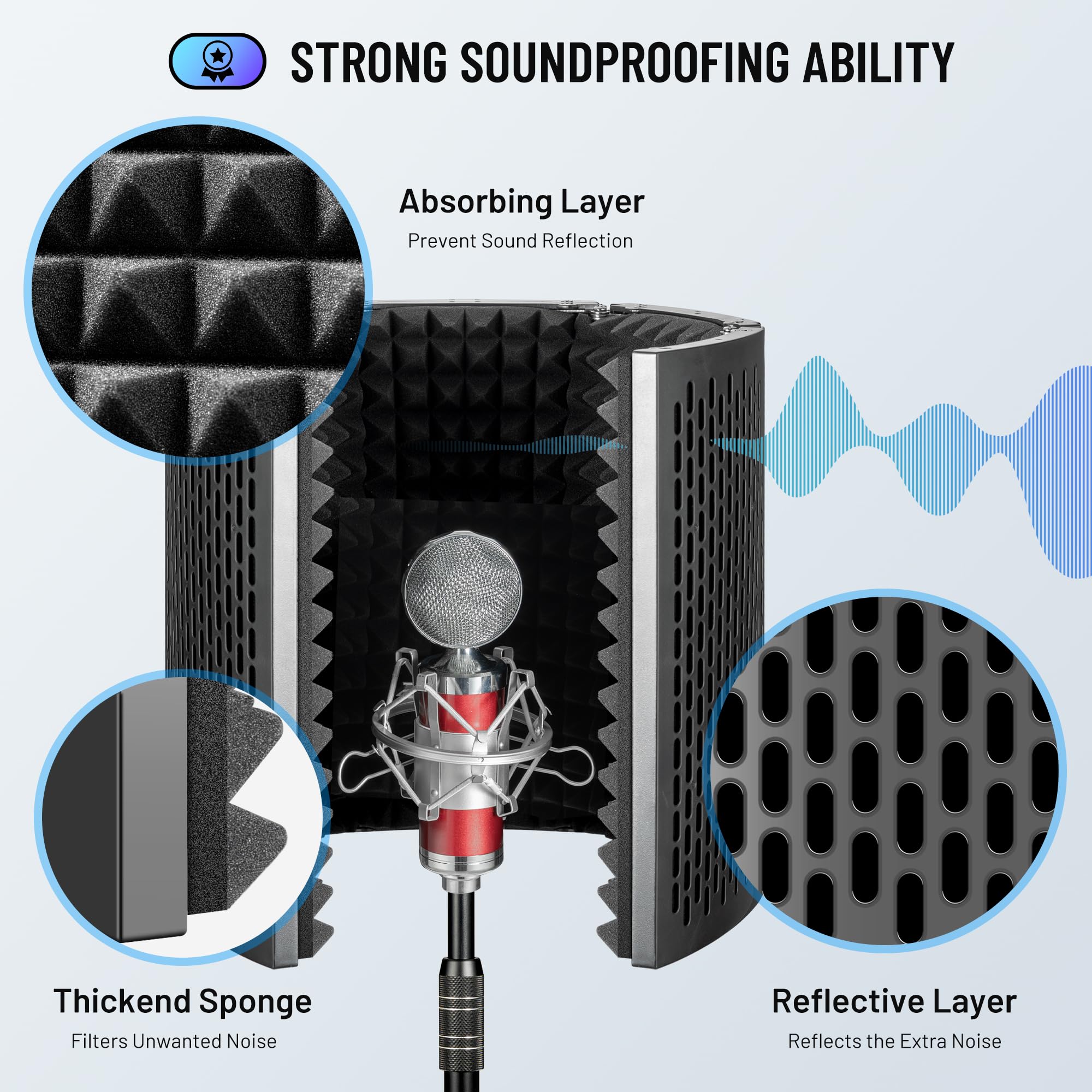 CAHAYA Microphone Isolation Shield Foldable - Mic Shield Recording Studio Sound Absorbing Foam Reflector with 3/8" and 5/8" Mic Adapter Microphone Recording Equipment Black