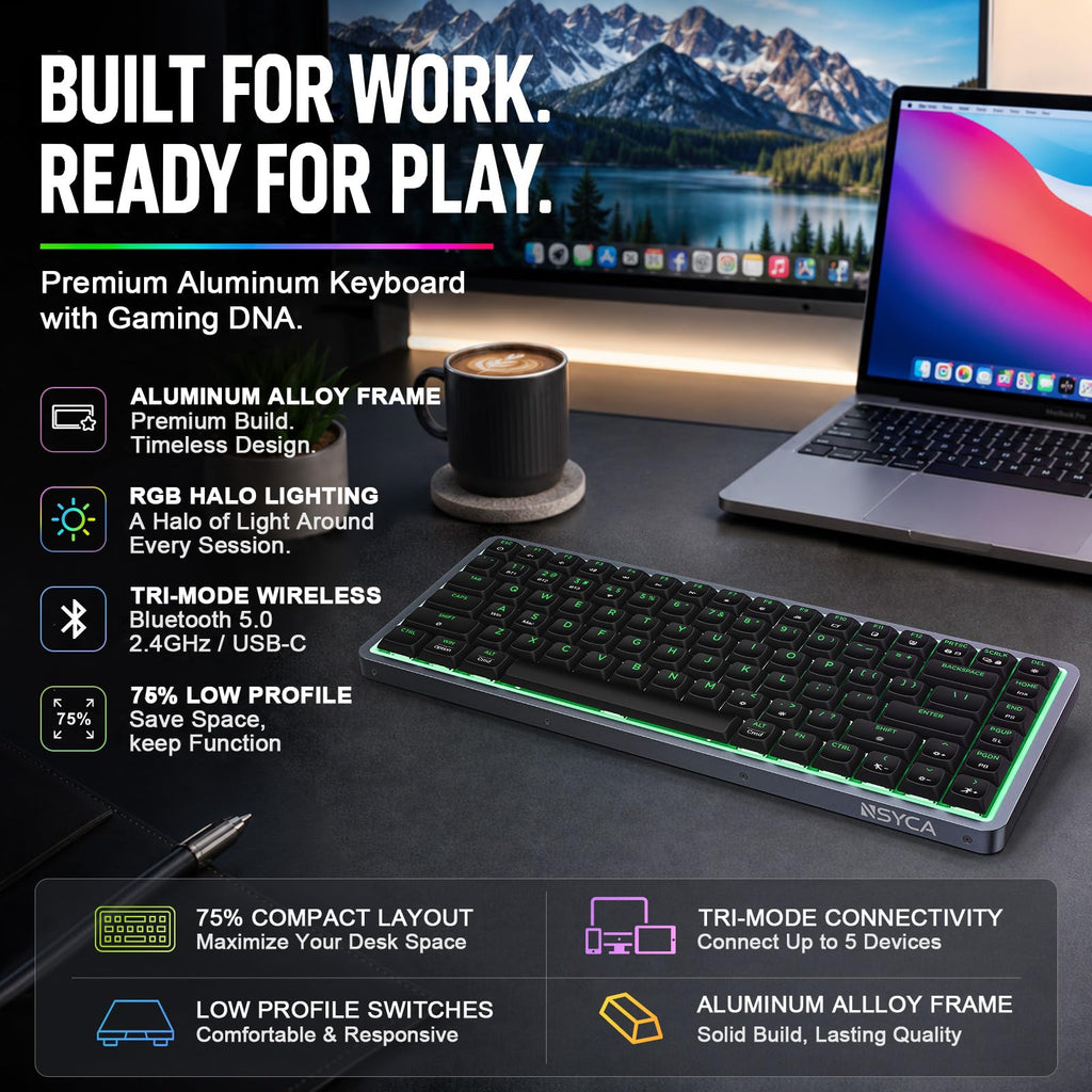 NSYCA Air75 Low Profile Wireless Mechanical Keyboard, 75% Aluminum Frame, Hot Swappable, PBT Keycaps, RGB Backlit, Bluetooth/2.4GHz/USB-C, Gaming Keyboard with Web Driver for Mac Windows