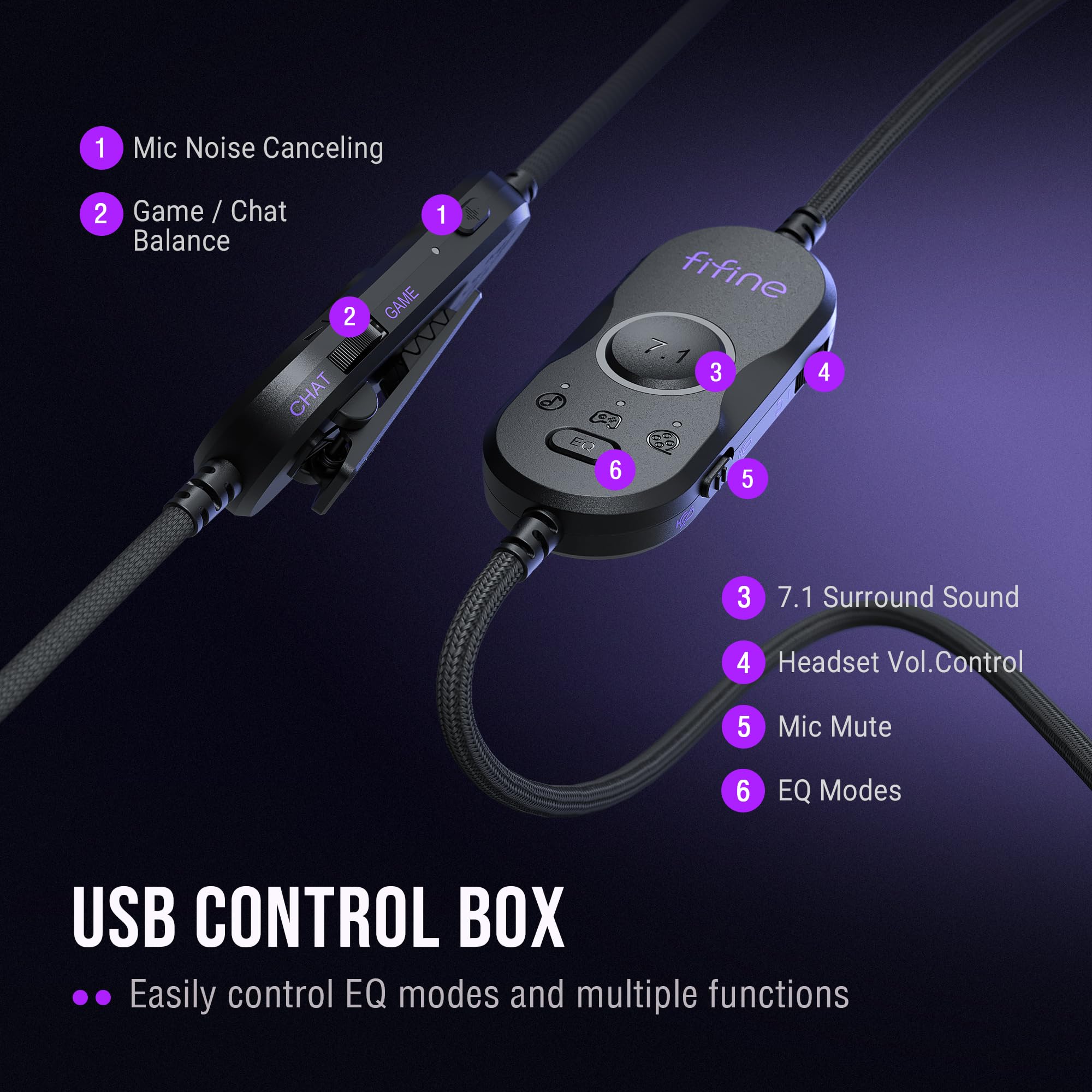 FIFINE Wired Gaming Headset: 7.1 Surround Sound - Vibrant RGB Lighting - NC Mic - Ergonomic Ear Pads - Control Box, Streaming USB Headset for PC, PS5/PS4, Laptop, Mac - AmpliGame H13BP (Black&Purple)