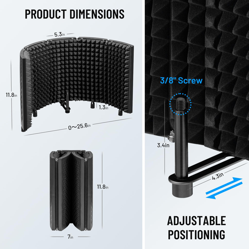 CAHAYA Microphone Isolation Shield Foldable - Mic Shield Recording Studio Sound Absorbing Foam Reflector with 3/8" and 5/8" Mic Adapter Microphone Recording Equipment Black