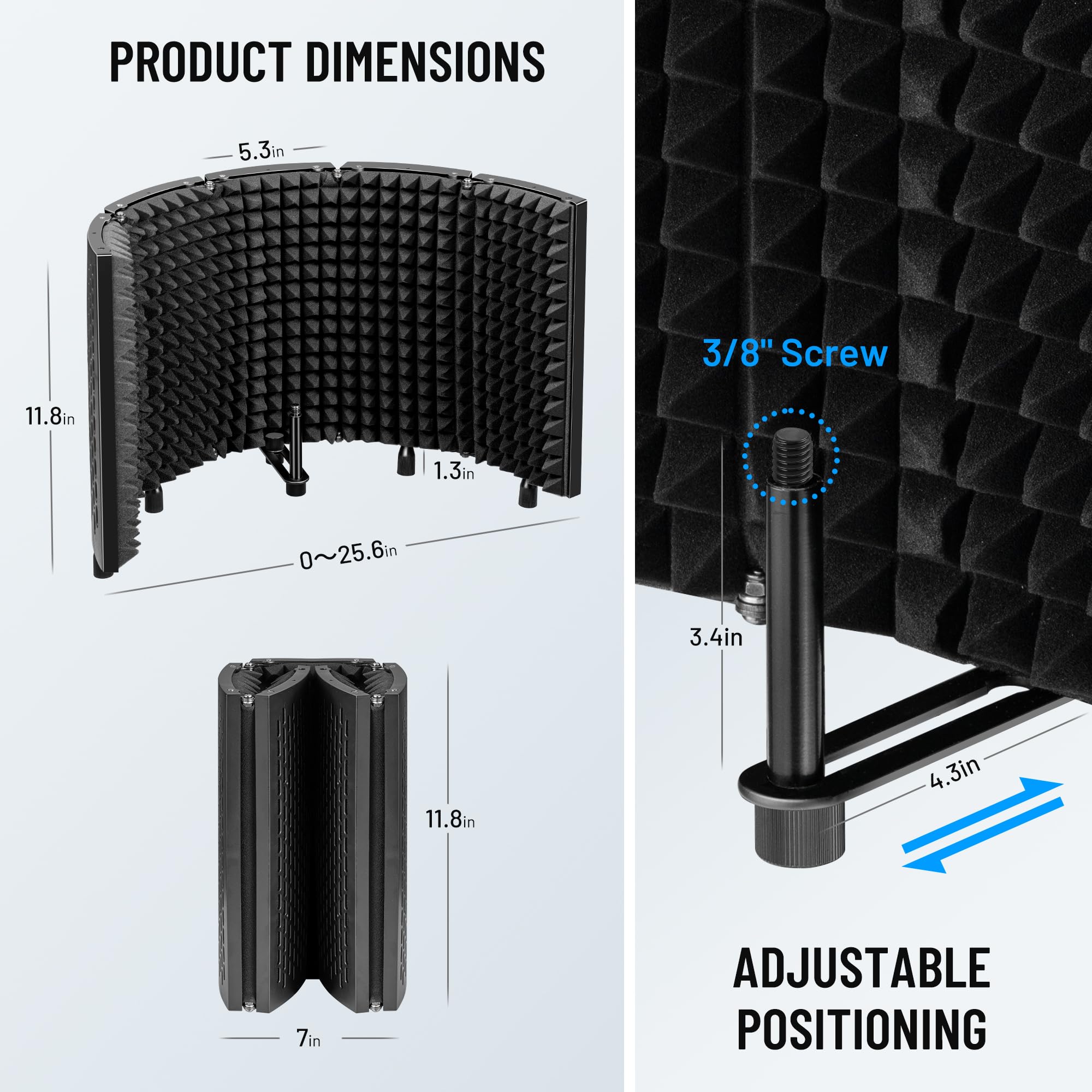 CAHAYA Microphone Isolation Shield Foldable - Mic Shield Recording Studio Sound Absorbing Foam Reflector with 3/8" and 5/8" Mic Adapter Microphone Recording Equipment Black
